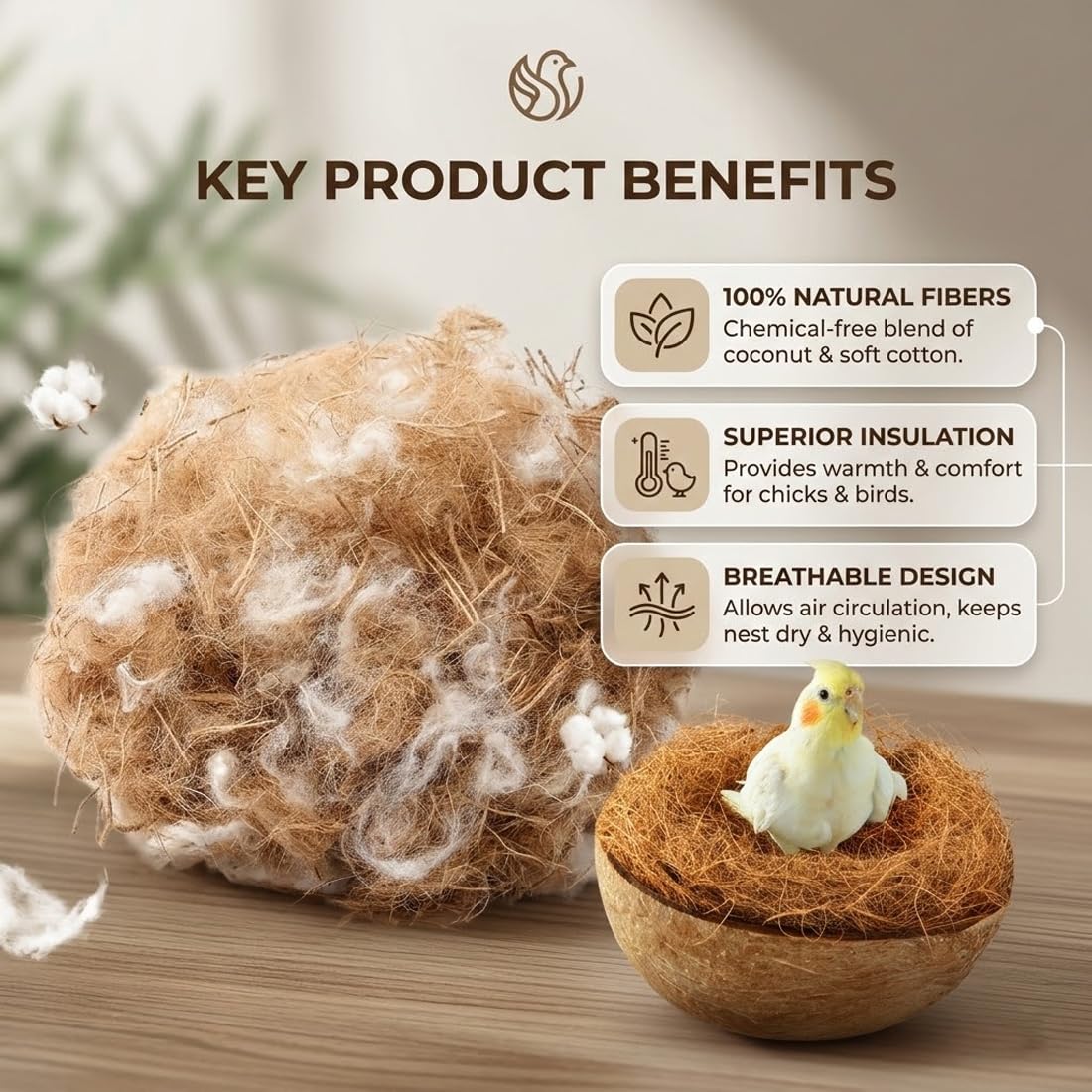 Matériau Naturel Pour Nidification d'Oiseaux, Mélange de Paille, Jute, Soie et Coton, Idéal Pour Nids de Canaris, Perruches et Autres Oiseaux, 40g