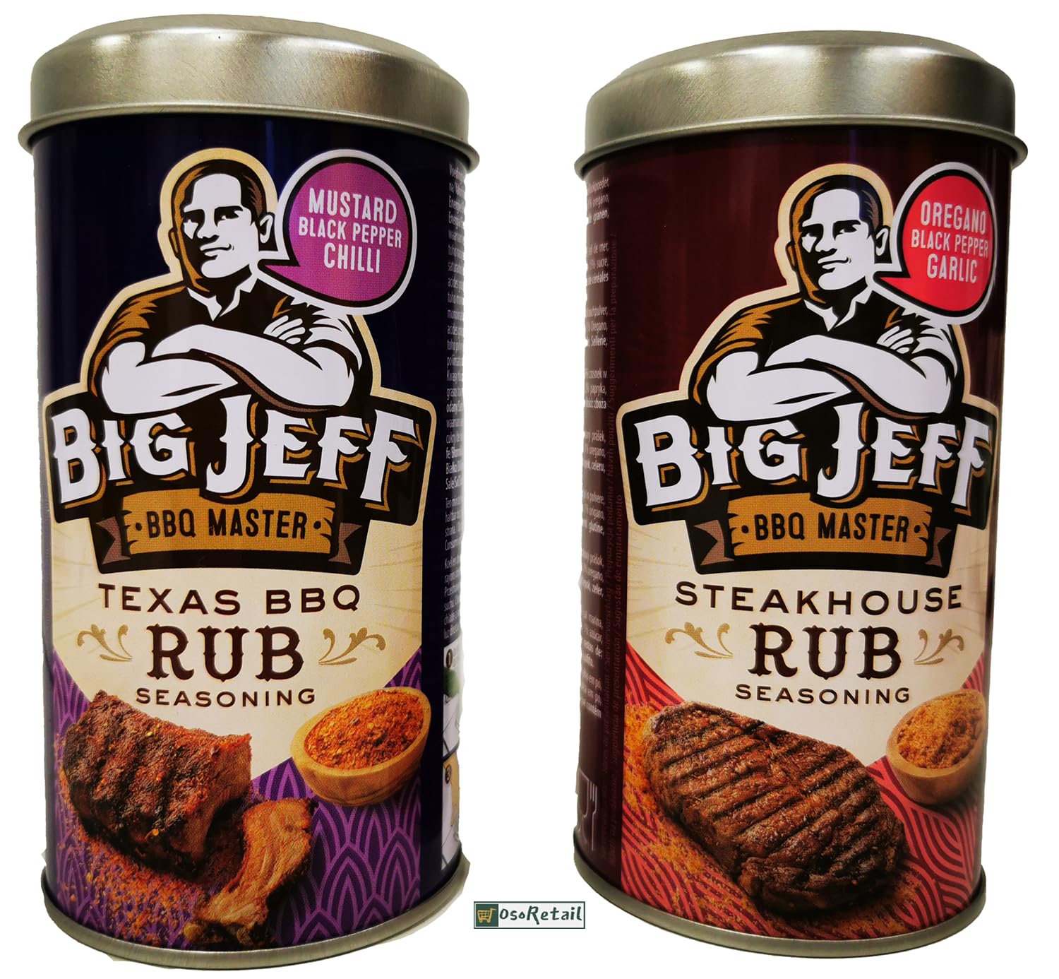 OsoRetail pack de 2 latas de mezcla de especias | Big Jeff Stakehouse Rub y Texas BBQ Rub | 2x 100gr