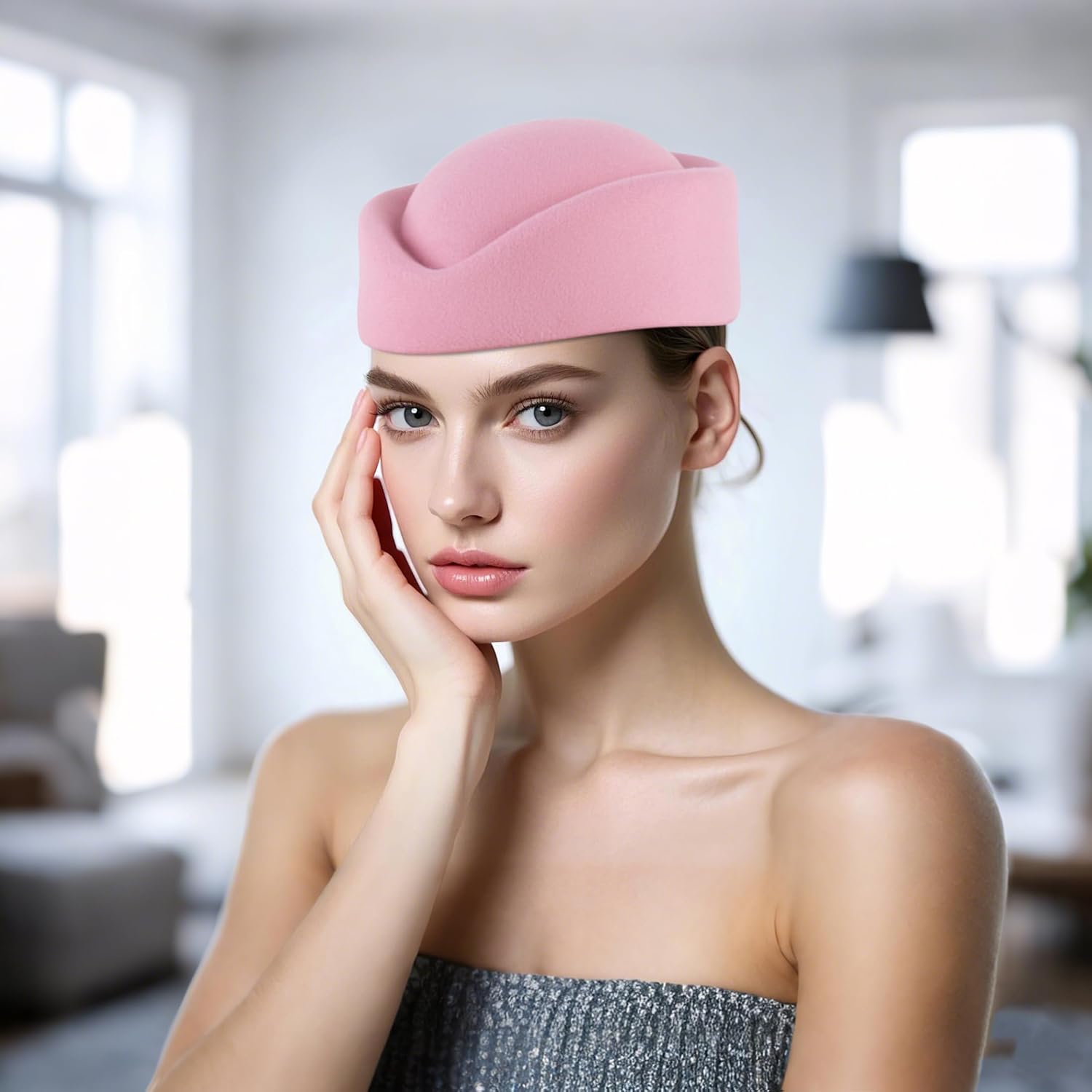 ASO OKE Wool Felt Beret Cap Stewardess Pillbox Hat Teardrop Fascinator Base Church Hats for Women Sweet Design