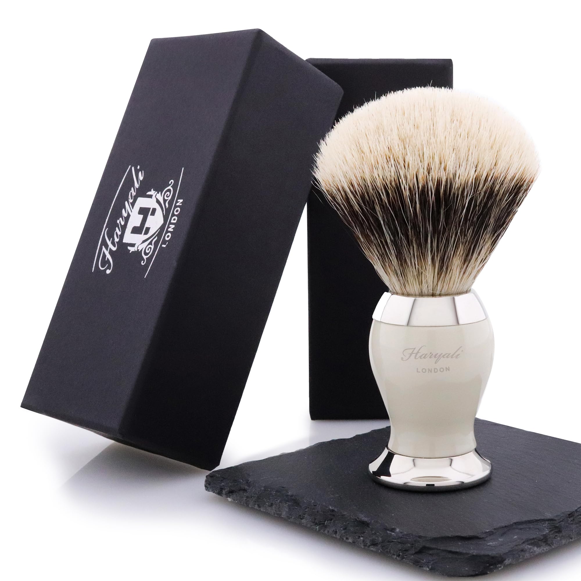Brocha de afeitar 100% de pelo de tejón con base de color marfil y metal para hombre, se adapta a todo tipo de piel.