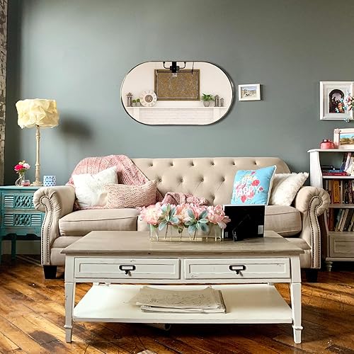 Miniatura 3 de TUSIWIT Espejo de pared ovalado dorado con forma de píldora, espejo de baño con marco de acero inoxidable, espejo de pared decorativo montado