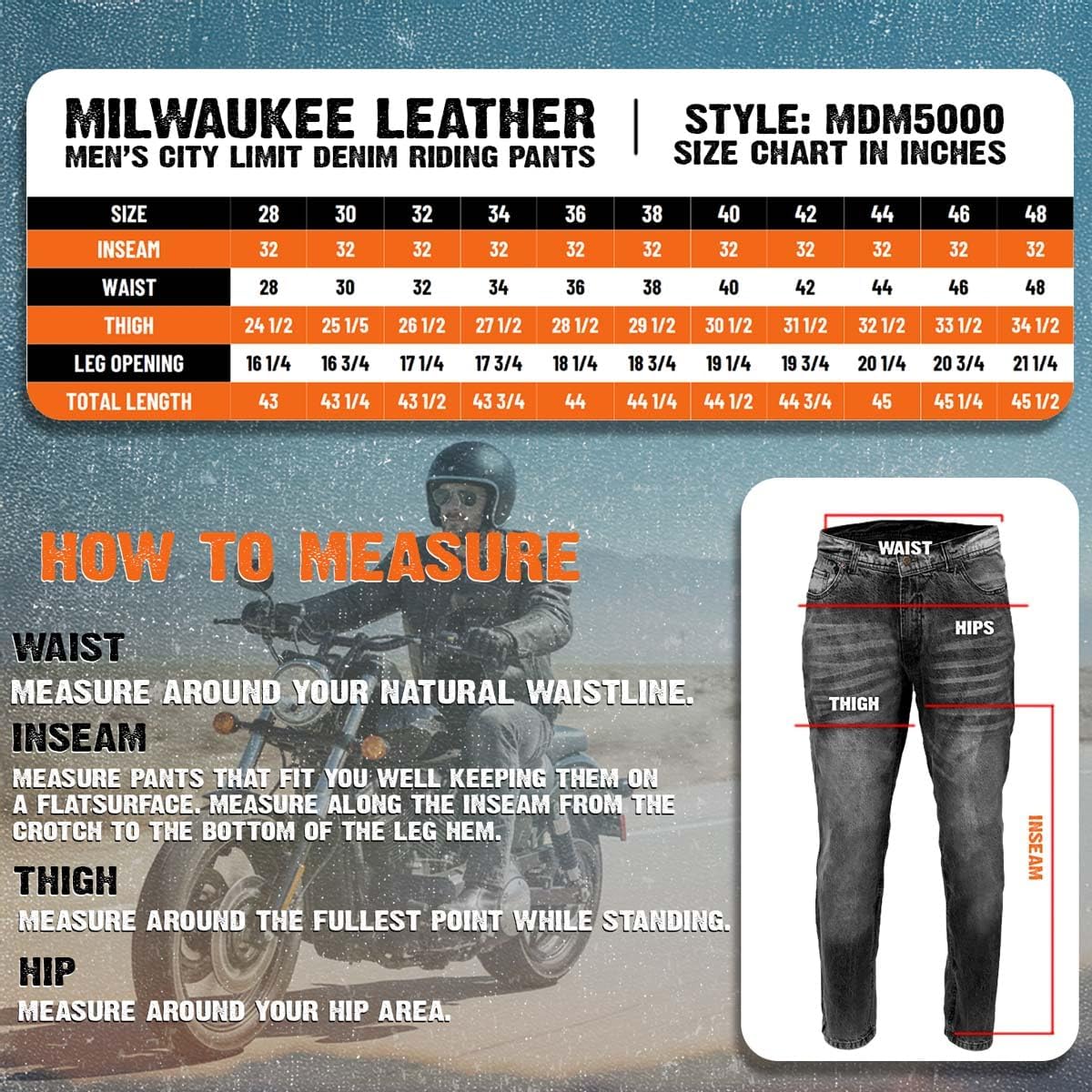 Milwaukee Leather MDM5000 Men's City Limit Black CE Armored Motorcycle Riding Denim Jeans Pants Reinforced w/Aramid Fibers