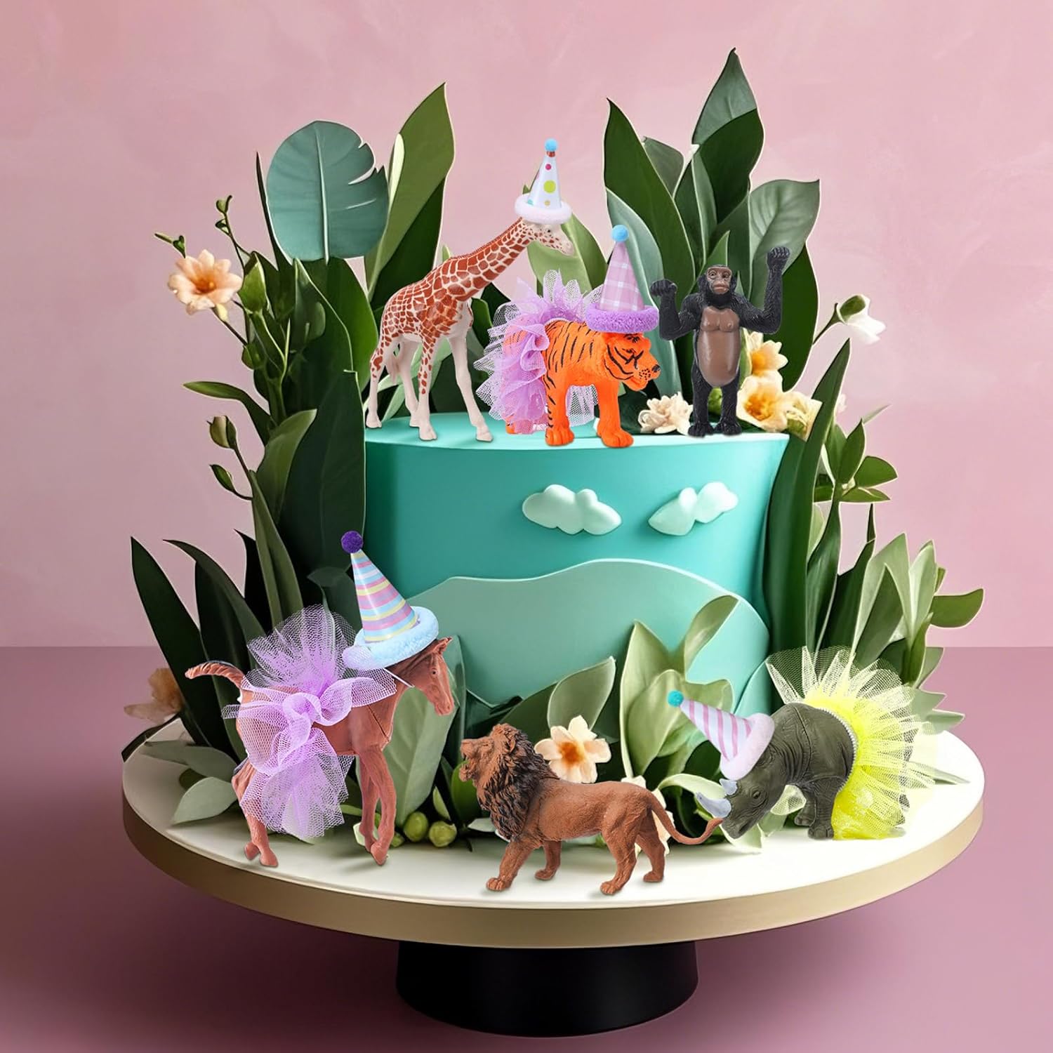 Weysat 27 Pcs Jungle Animal Cake Topper Animals Figures Birthday Party Decorations with Mini Hat with Pom Poms Jungle Toppers Decoration with Mini Skirt and Hat for Wild Animals Themed Party