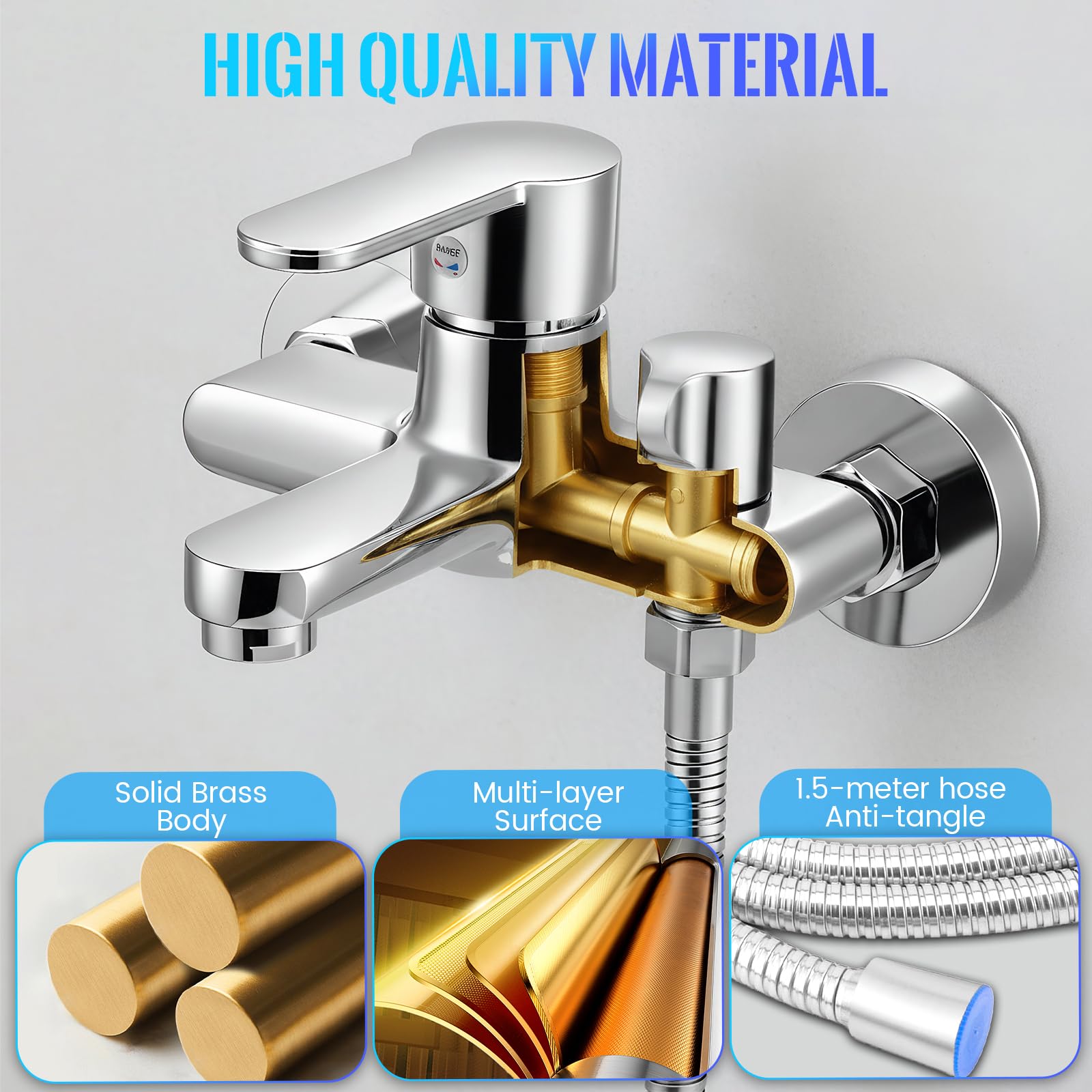 Rubinetto per vasca da bagno con doccetta a mano, miscelatore in ottone per vasca, Rubinetto da bagno a cascata, rubinetto per vasca con supporto a parete e flessibile doccia da 1,5 m Per Doccia