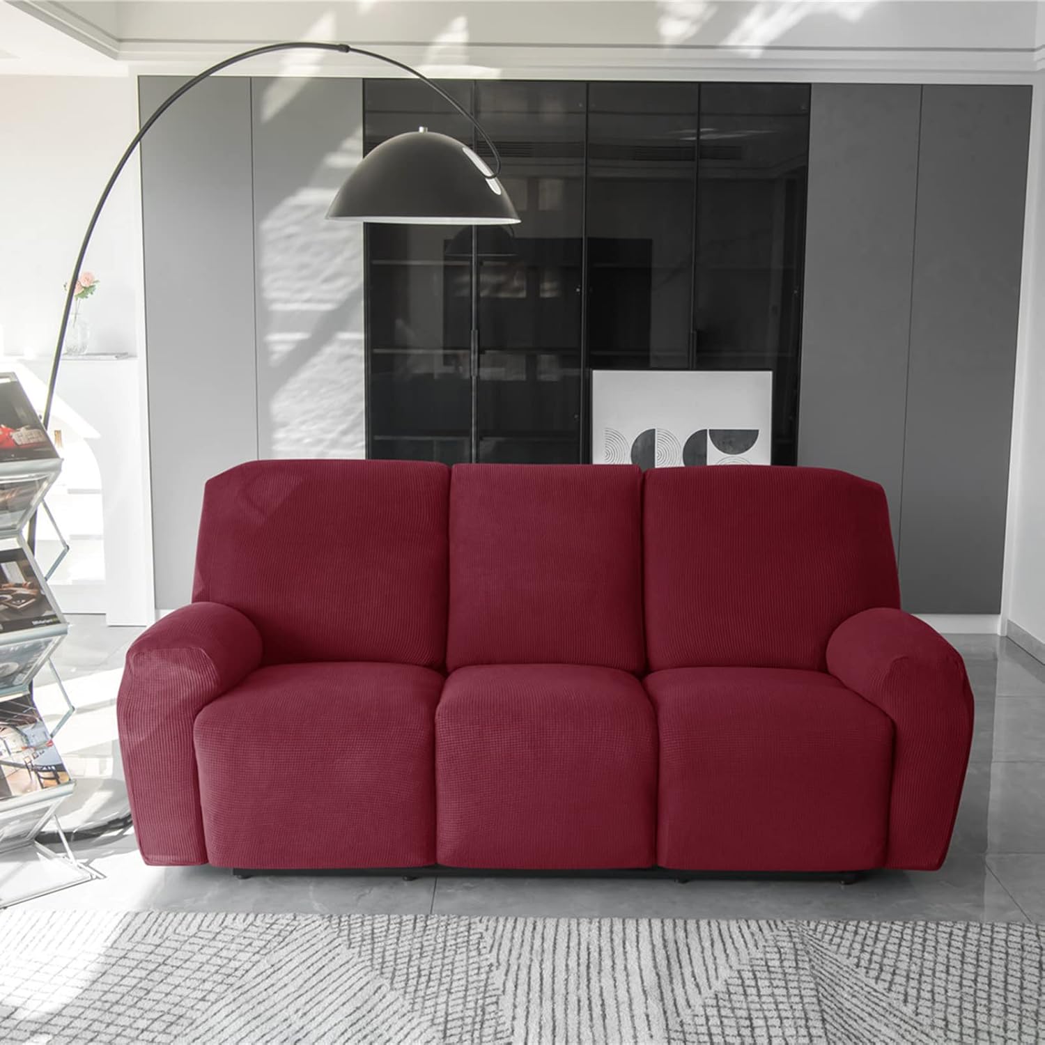 Stretch Recliner Sofa Covers 8-Pieces, 3 Seater Sofa Chair Slipcovers, Reclining Couch Covers Armchair Covers with Side Pocket (Wine Red,3 Seater)