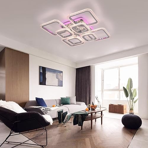 Miniatura 7 de STCH Lámpara de techo LED moderna regulable, lámpara de techo empotrada de 23.6 pulgadas, 8 cuadrados de acrílico cromado con control remoto,