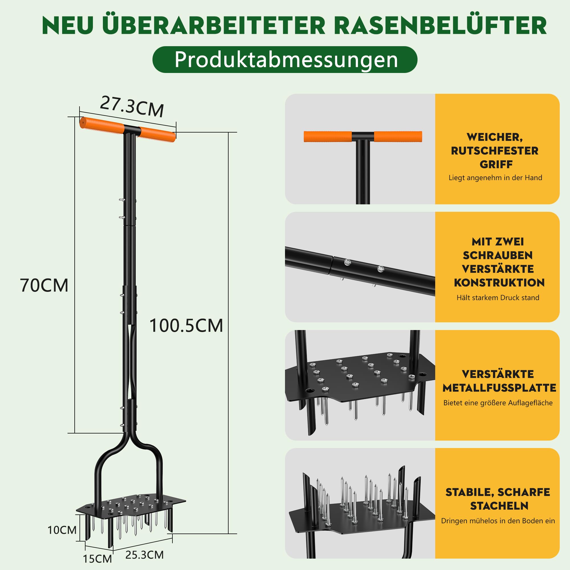 Handvertikutierer Rasenlüfter, Aerifizierer für Rasen Hohlspoon mit 20 Spikes (16 + 4 Hohlzinken), rostfreier Stahl, 100,5cm T-Griff & Fußhebel – manueller Rasenbelüfter für effiziente Rasenpflege