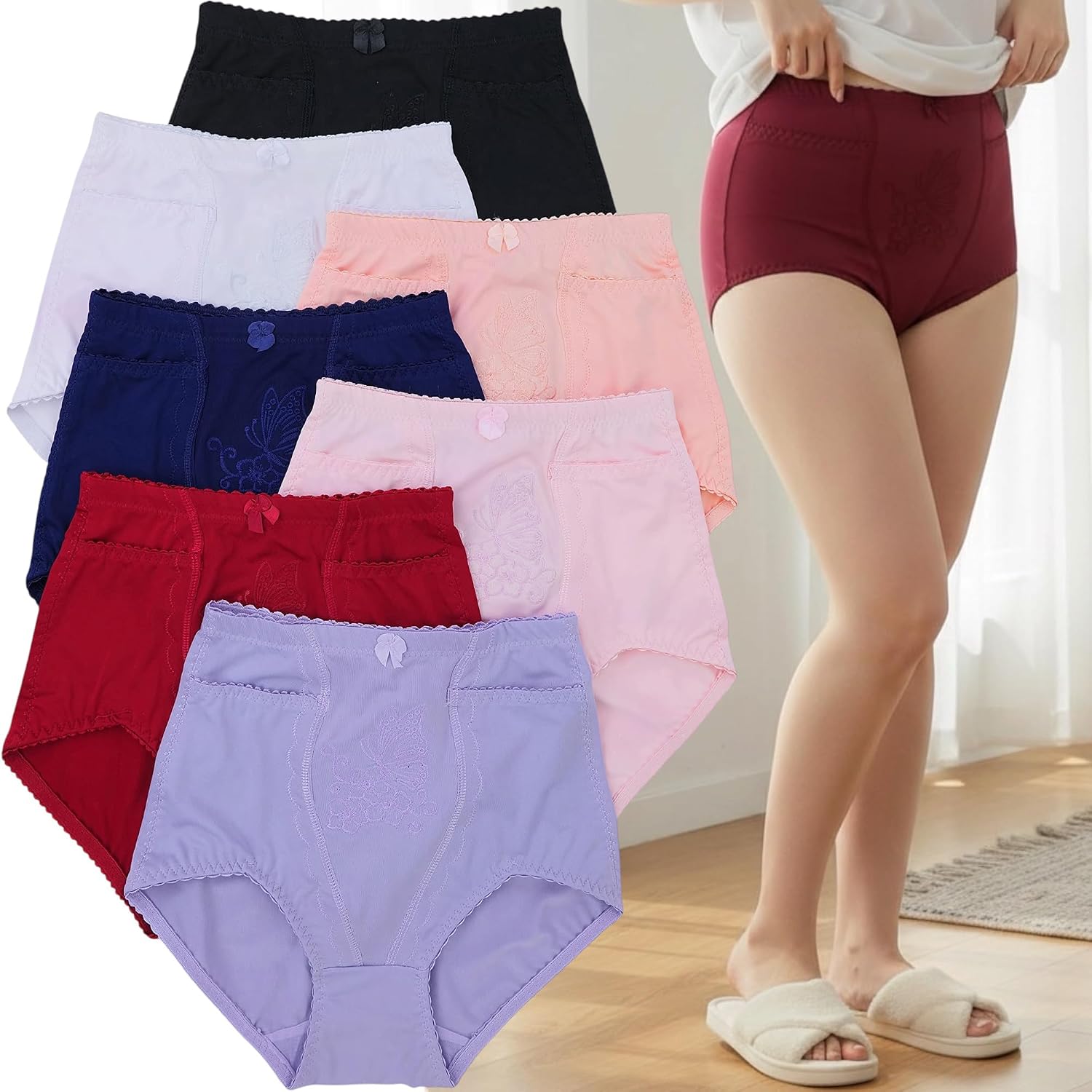 ToBeInStyle Women's 6 Pack High Waist Concealed Slit Pockets Elegant Print Girdle Briefs