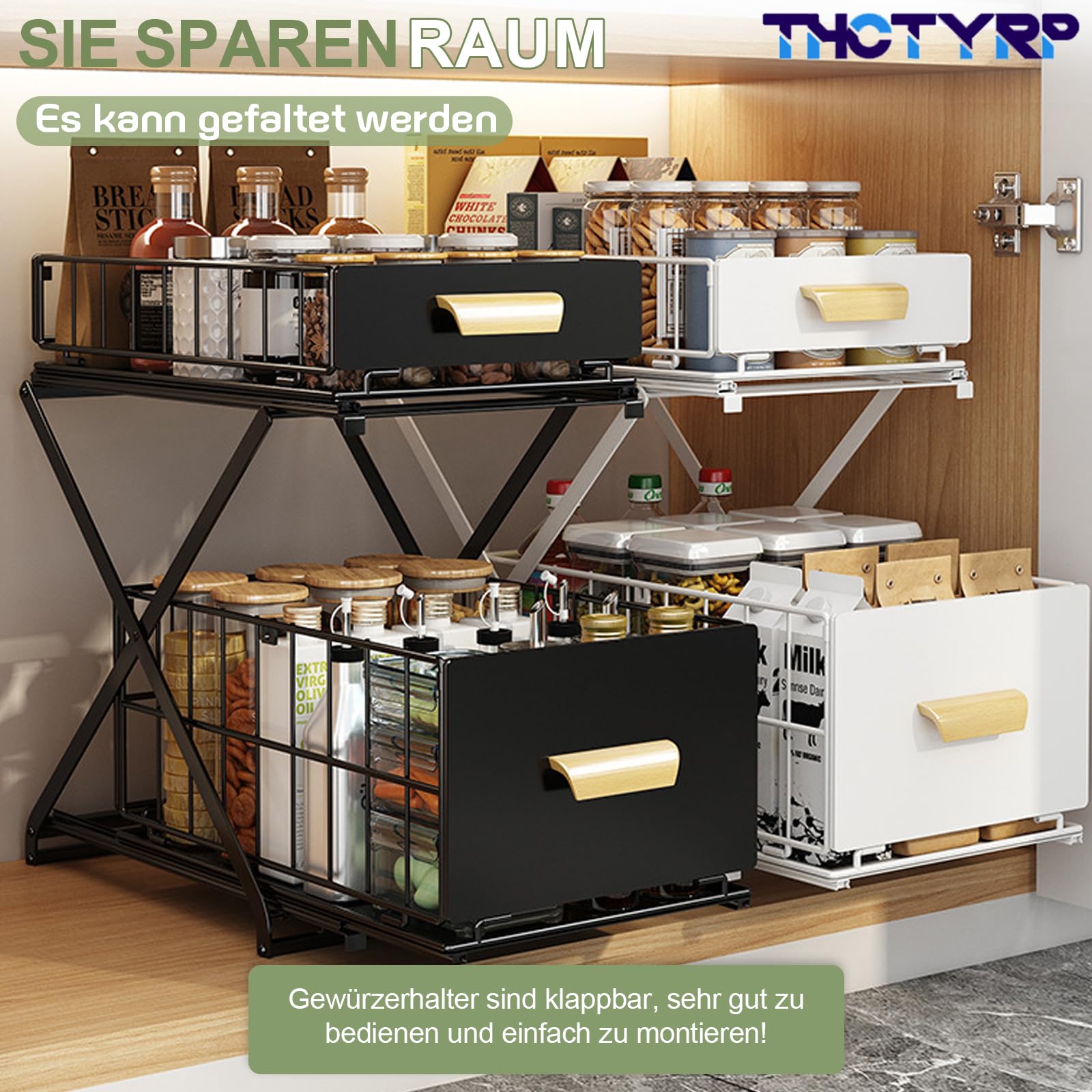 Gewürzregal, 2 Etagen Standregal Küche Arbeitsplatte Regal Organizer 40x26x39cm Ausziehbarer Organizer ohne Montage Stauraum für Gewürze & Flaschen（Schwarz）