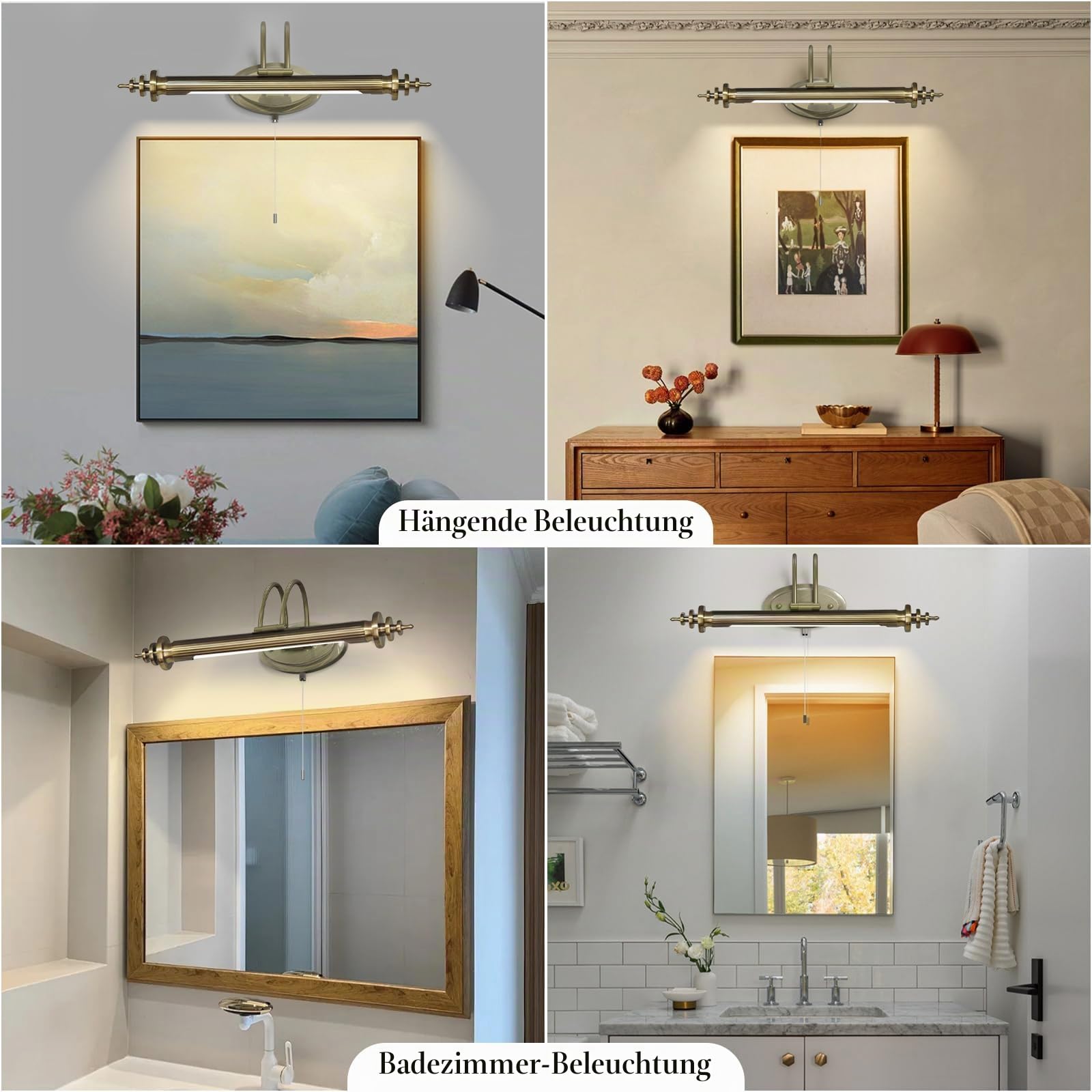 ACMHNC LED Vintage Spiegelleuchte Bad Mit Schalter, Retro Badlampe IP44 Spiegellampe Badezimmer,4000K Wandleuchte Mit Zugschalter, 240 ° Einstellbar Schranklampe Arc Arm Bilderleuchte,75cm/11w