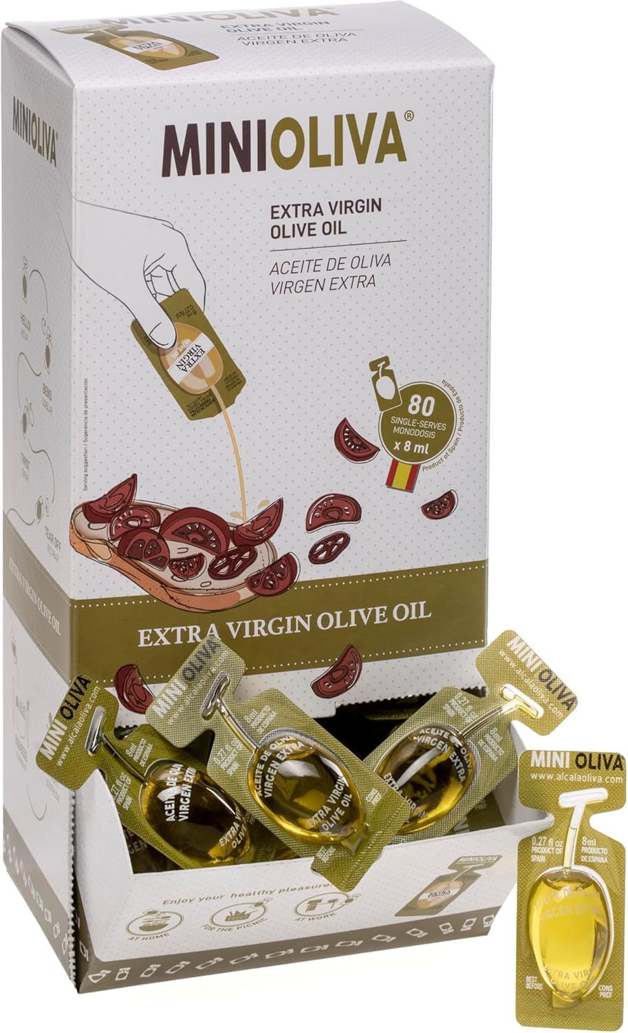 Distributeur d'huile d'olive extra vierge MINIOLIVA - 80 capsules individuelles de 8 ml, idéal pour la maison, le bureau, les voyages et un usage quotidien