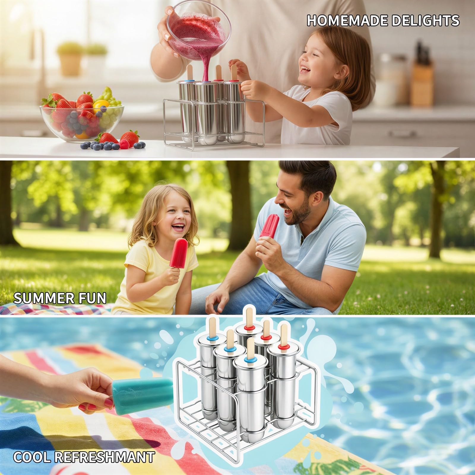 Lot de 6 moules à esquimaux en acier inoxydable avec support, kit réutilisable pour glaces maison, moules ronds à congeler avec bâtonnets et sachets, pour créations DIY