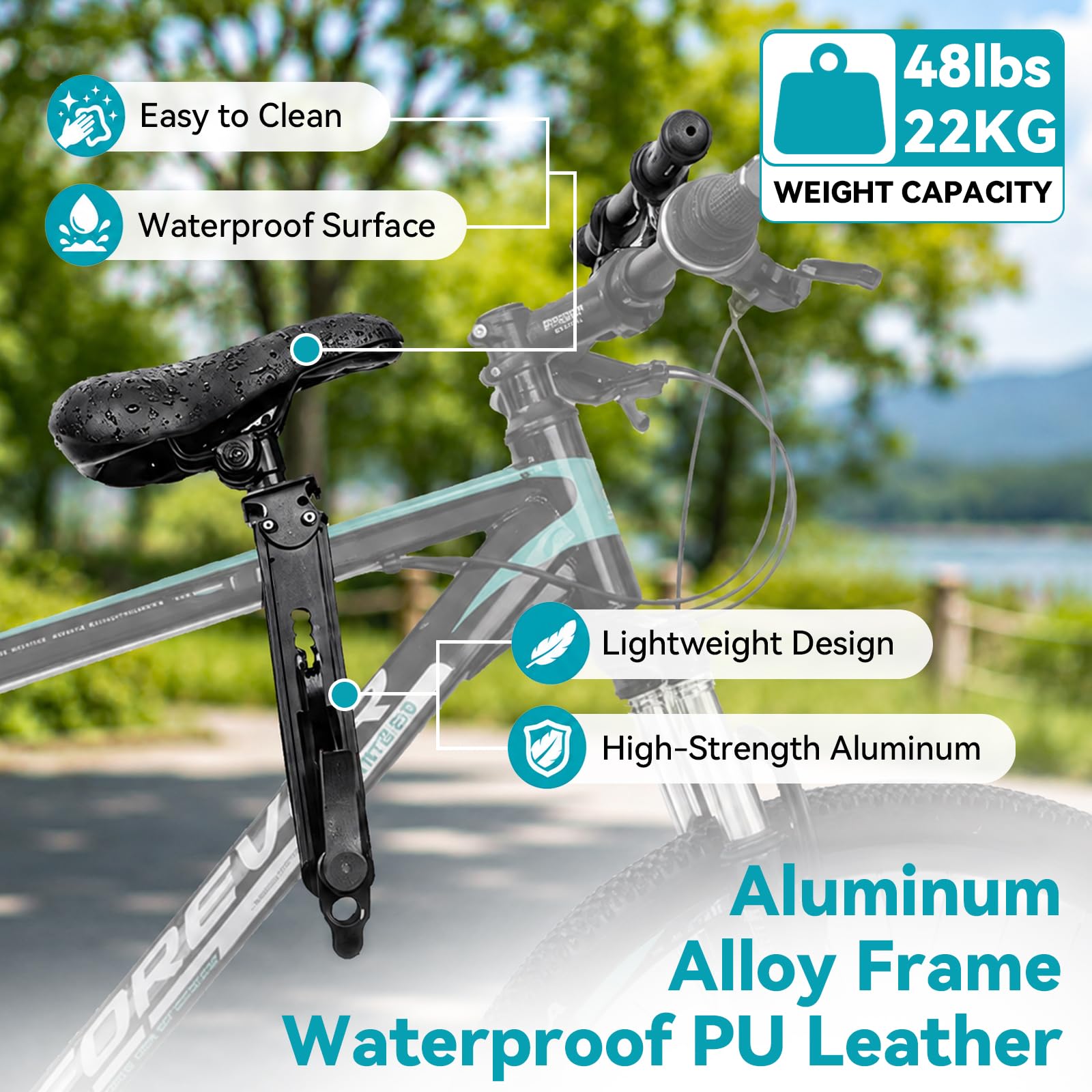 Avant Selle Velo Enfant, Siege Velo Enfant Avant | Siège vélo enfant 2–6 ans, siège PU, support aluminium, poignée de maintien, repose-pieds, pour la plupart des VTT