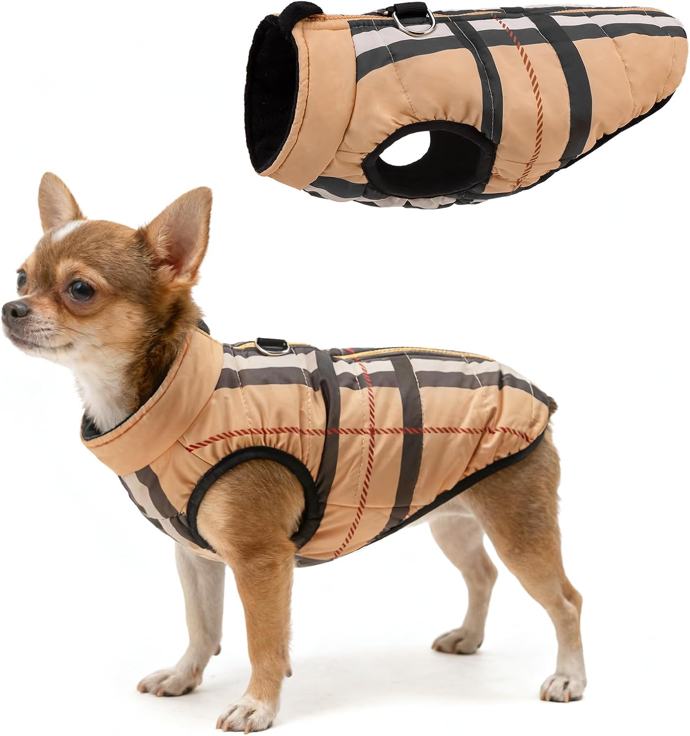 SCENEREAL Winter Dog Vest Coat with Harness Built in, Warm Puppy Jacket for Small Medium Dogs, Cold Weather Coat with Zipper, Fleece Puffer Vest Windproof Snow Clothes, Beige Plaid S S(Chest 14") #2 Beige Bar Plaid-Gloss