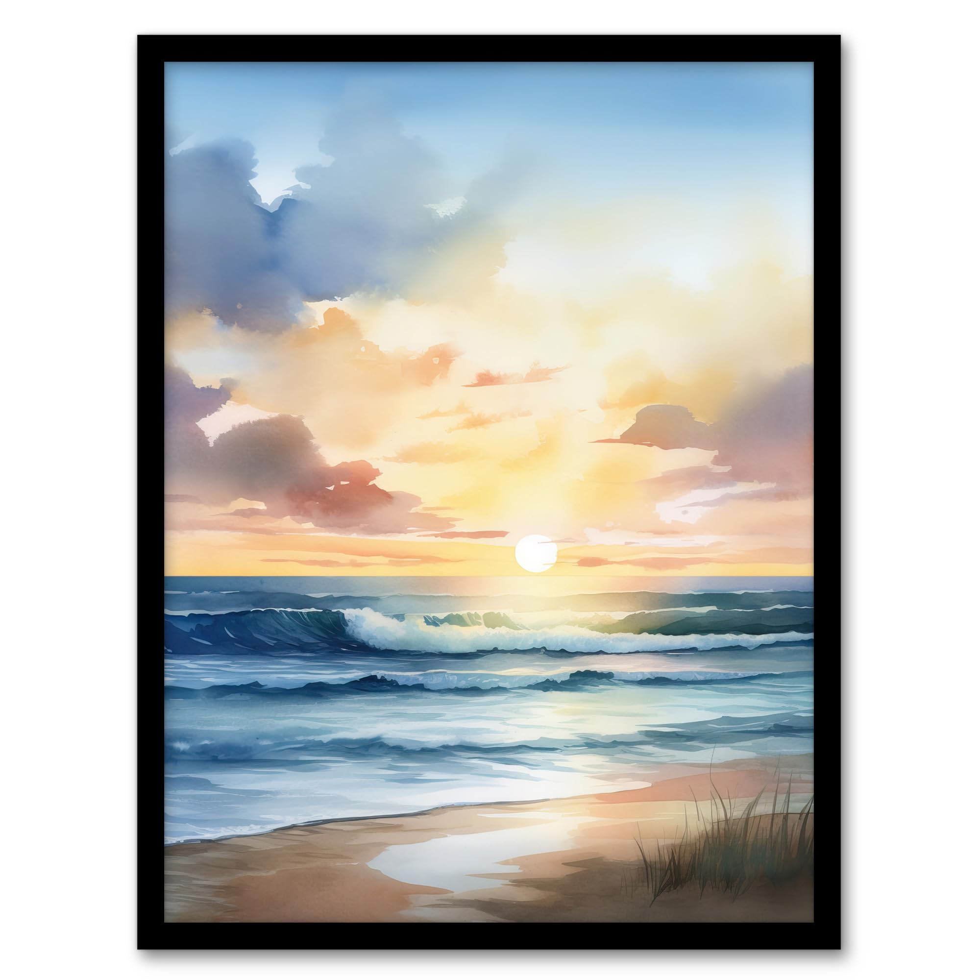 Artery8 Watercolour Waves Deserted Beach Seascape Artwork Framed Wall Art Print 18X24 Inch