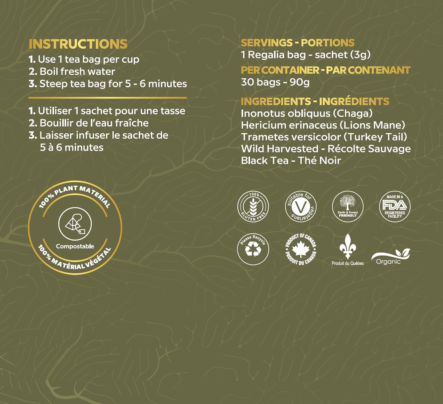 3 KINGS Premium Chaga - Lions Mane - Turkey Tail Mushrooms & Black Tea Blend - 30 Tea Bags