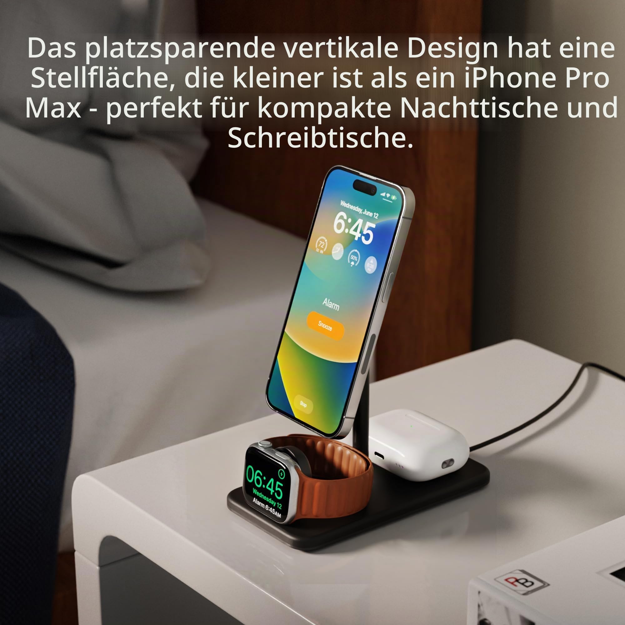Twelve South HiRise 3 Deluxe | Compact Luxury MagSafe Stand for iPhone, AirPods and Apple Watch, Schwarz, TS-2303