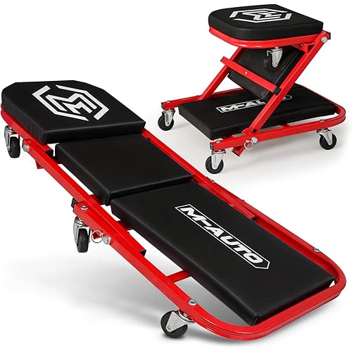 M-AUTO 40-Inch Folding Creeper Rolling Seat, All-in-One Adjustable Roller Garage Chair, Lay Down or Sit, 330LBS Capacity Under Car Roller Creeper with 6 Swivel Casters, Red