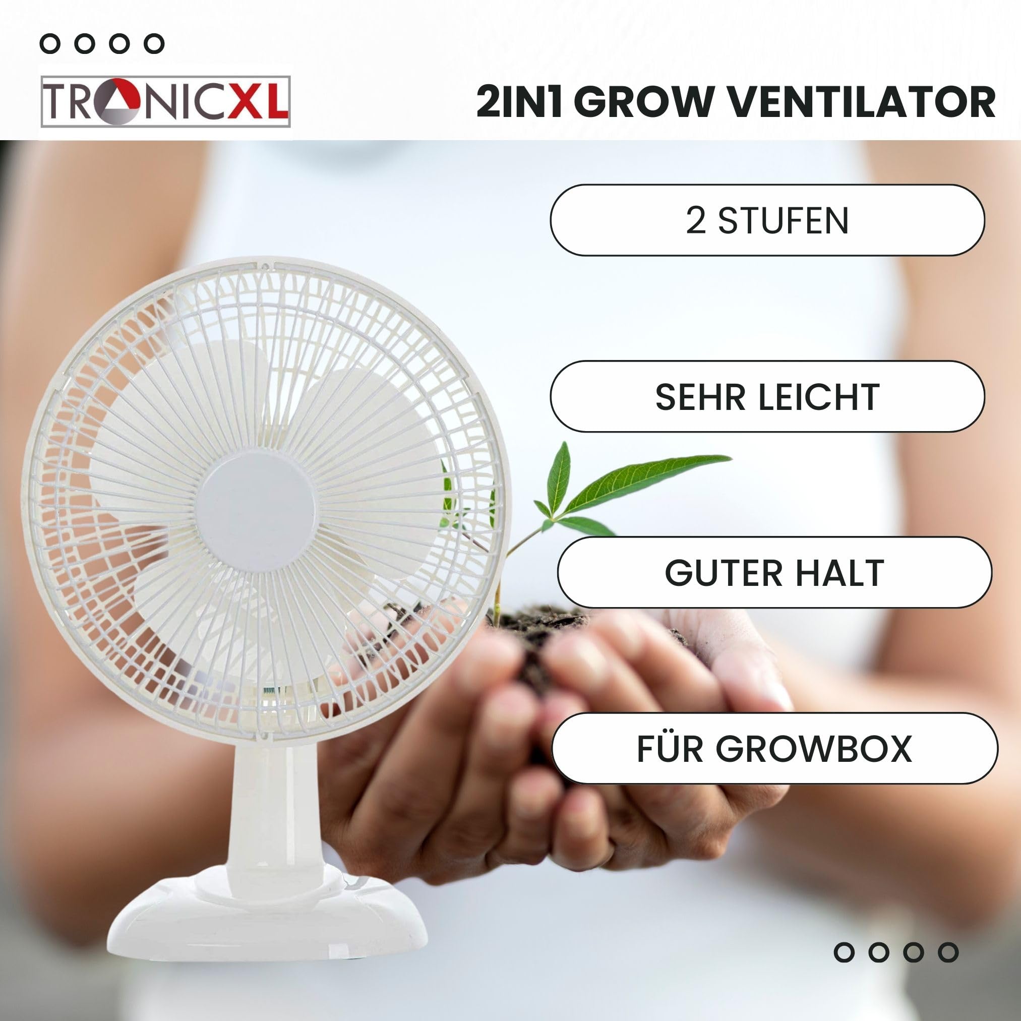 TronicXL 30W 230V Mini Grow Ventilator mit Clip Klemme und Standfuß I Mit Netzstecker I Clipventilator für Homebox Growbox Growschrank Secret Jardin GrowPro DiamondBox Zelsius Mars Hydro etc.