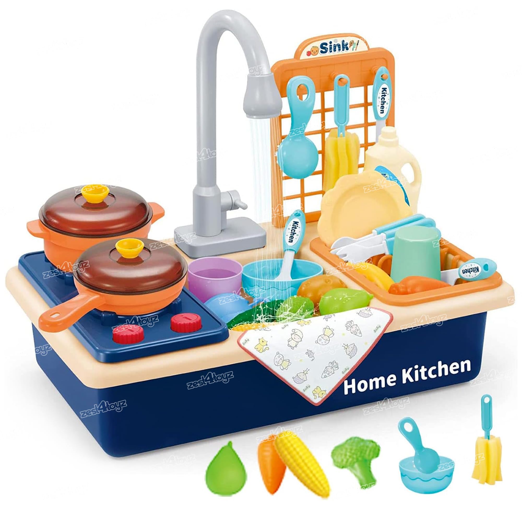 Zest Toyz Kitchen Toy Sink Electronic Dishwasher Pretend Role Play  Kitchen Toys Set with Working Faucet and Dishes Playset for Girls