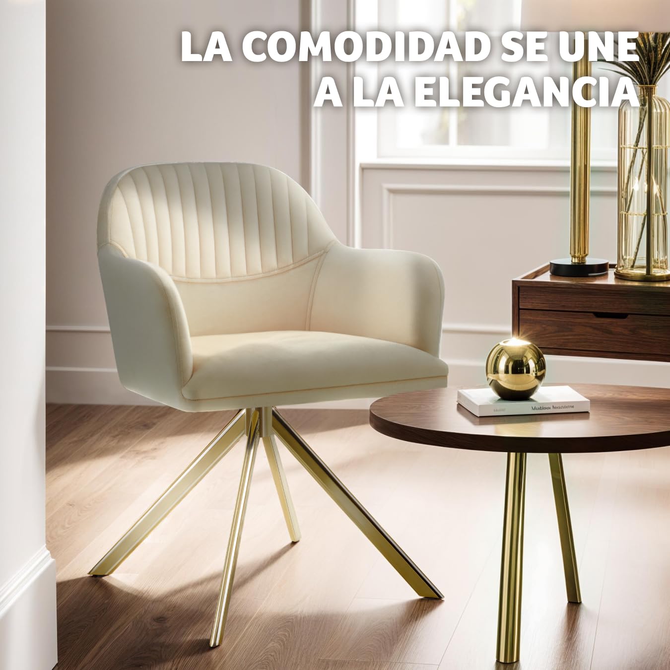 tectake® Silla Giratoria Tapizada con Respaldo Continuo, Patas de Acero Giratorias 360º, Silla Dormitorio, Butacas de Salon, Sillas Comedor, Silla Comedor Nordica - 1 Silla Crema/Oro