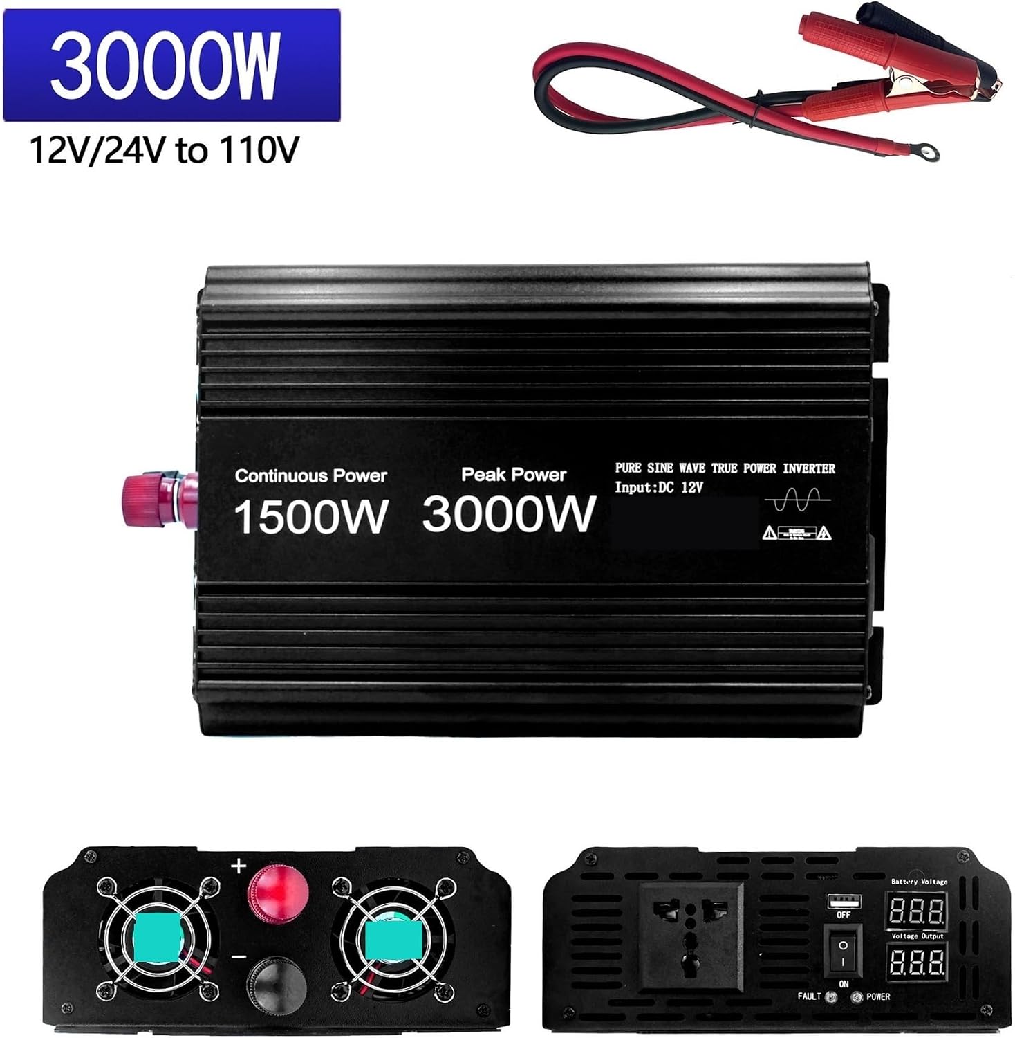 Power Inverter, 3000W Peak Power Inverter DC12V-AC110V220V Pure Sine Wave Converter Camping/Home Electric Supply/Cruise Ship Supply,for Truck RV Car(12-110)