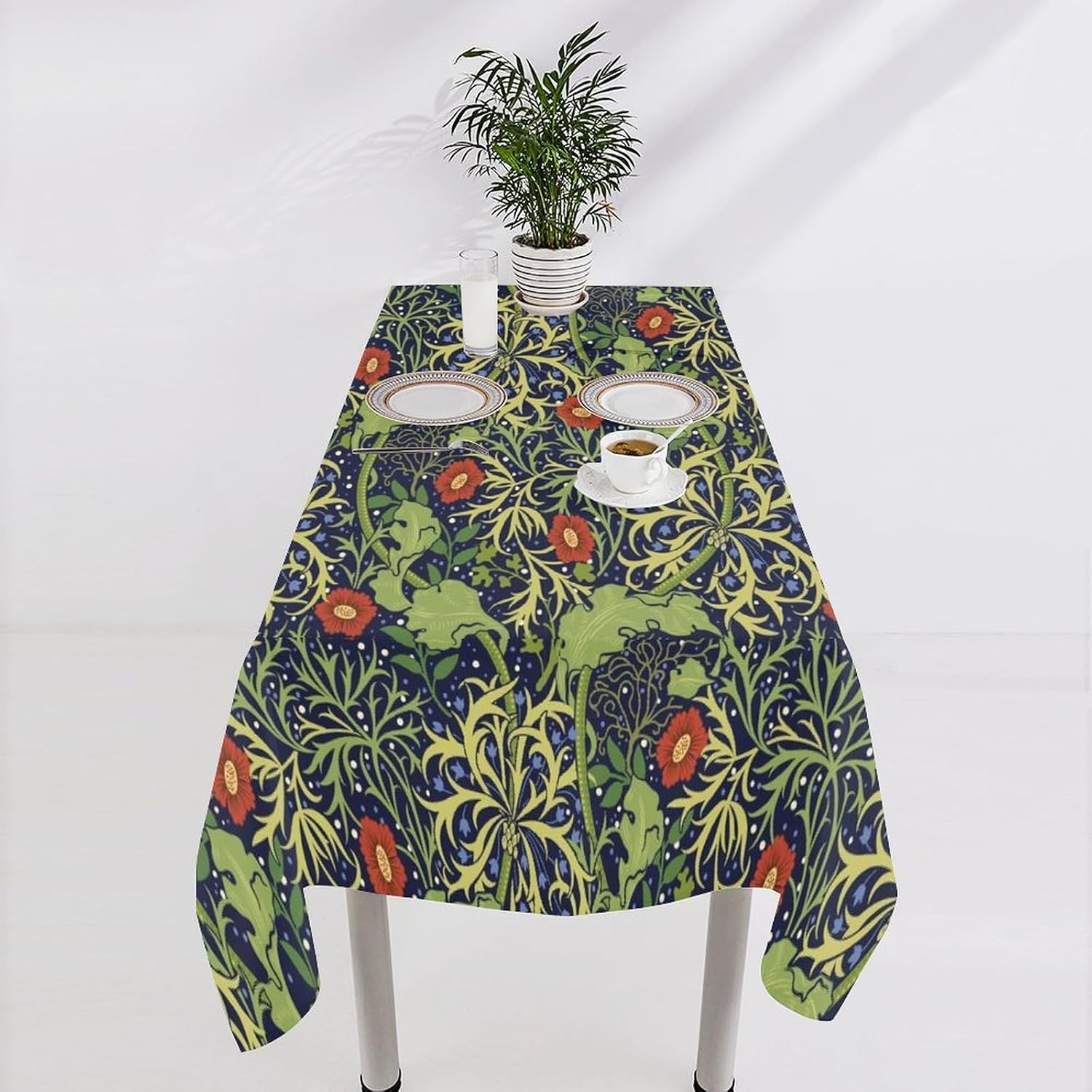 William Morris Floral Tablecloth Boho Chic Green Watercolor Vintage Flower Farmhouse Table Cloth Cover for Kitchen Dining Cafe Camping Outdoor Indoor Party Restaurant Picnic Decor 110x60in