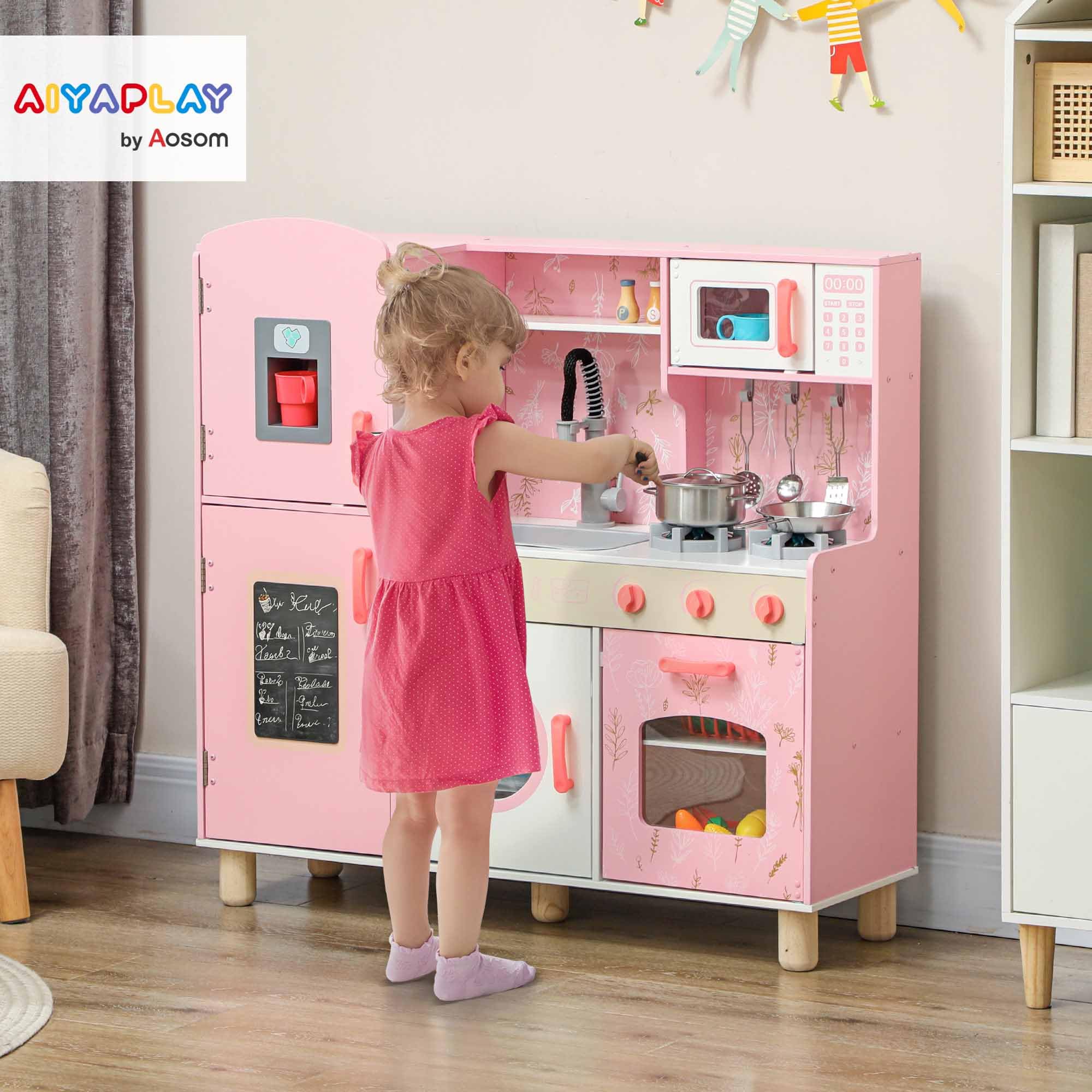 AIYAPLAY Cocina de Juguete para Niños +3 Años Cocina de Madera Infantil Cocinita Infantil con Sonido Fogón Horno Grifo Fregadero Microondas Lavadora Máquina de Hielo y Accesorios Rosa
