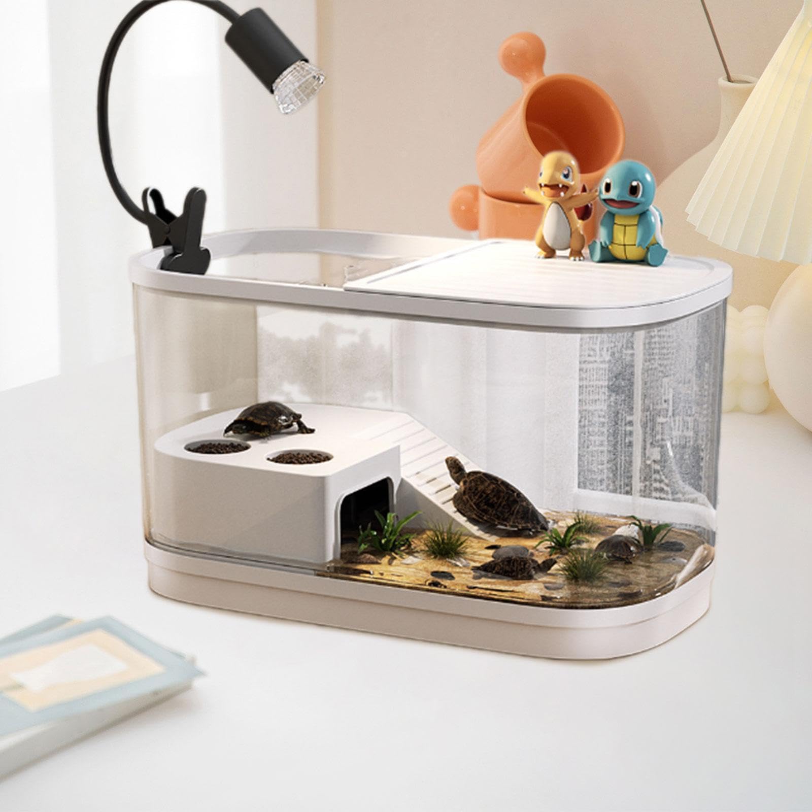 Acquario per Tartarughe, Acquario per Tartarughe con Coperchi, Accessori per Rettili, Habitat per Rettili, con Piattaforma per Rane, E Draghi B, Beige Medio