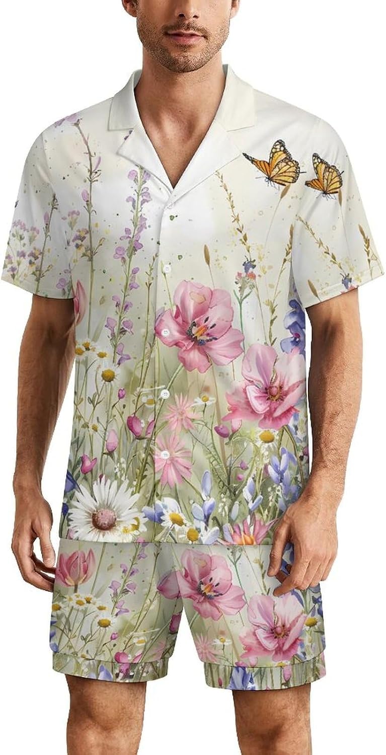 Watercolor Flowers Butterflies Men's Short Sleeve Pajama Set Satin Silk Like Lounge Sleepwear