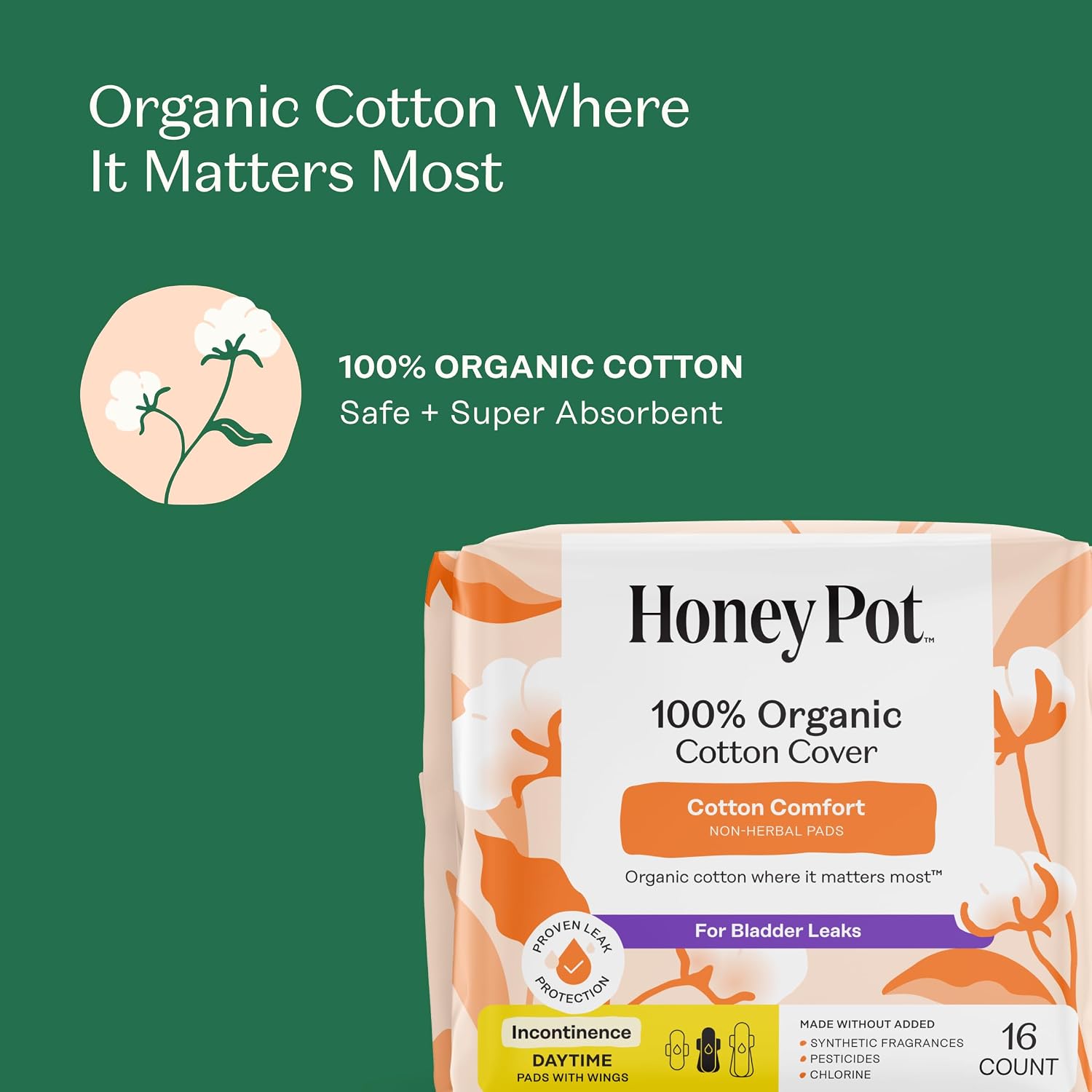 The Honey Pot Company - Incontinence Pads for Women - 64ct - Daytime Non-Herbal - Bladder Leak Control - Organic Cotton Cover & Ultra-Absorbent Pulp Core - Feminine Care