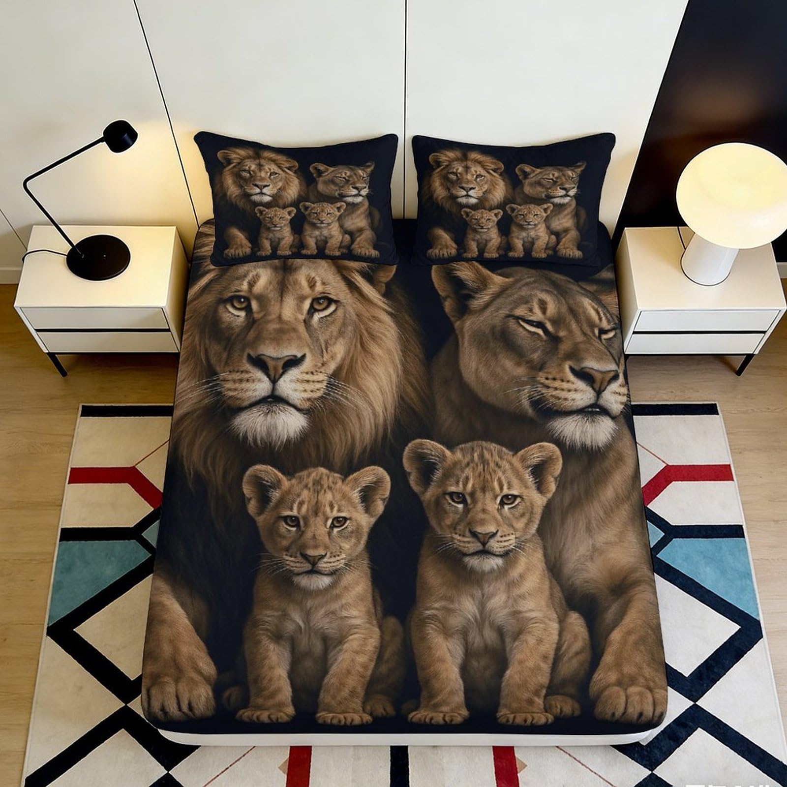 3D Printed Lion Family Fitted Sheet Microfiber Non Slip Bed Cover for Bedroom Dorm Mattress Protection Decor 90x200x25cm