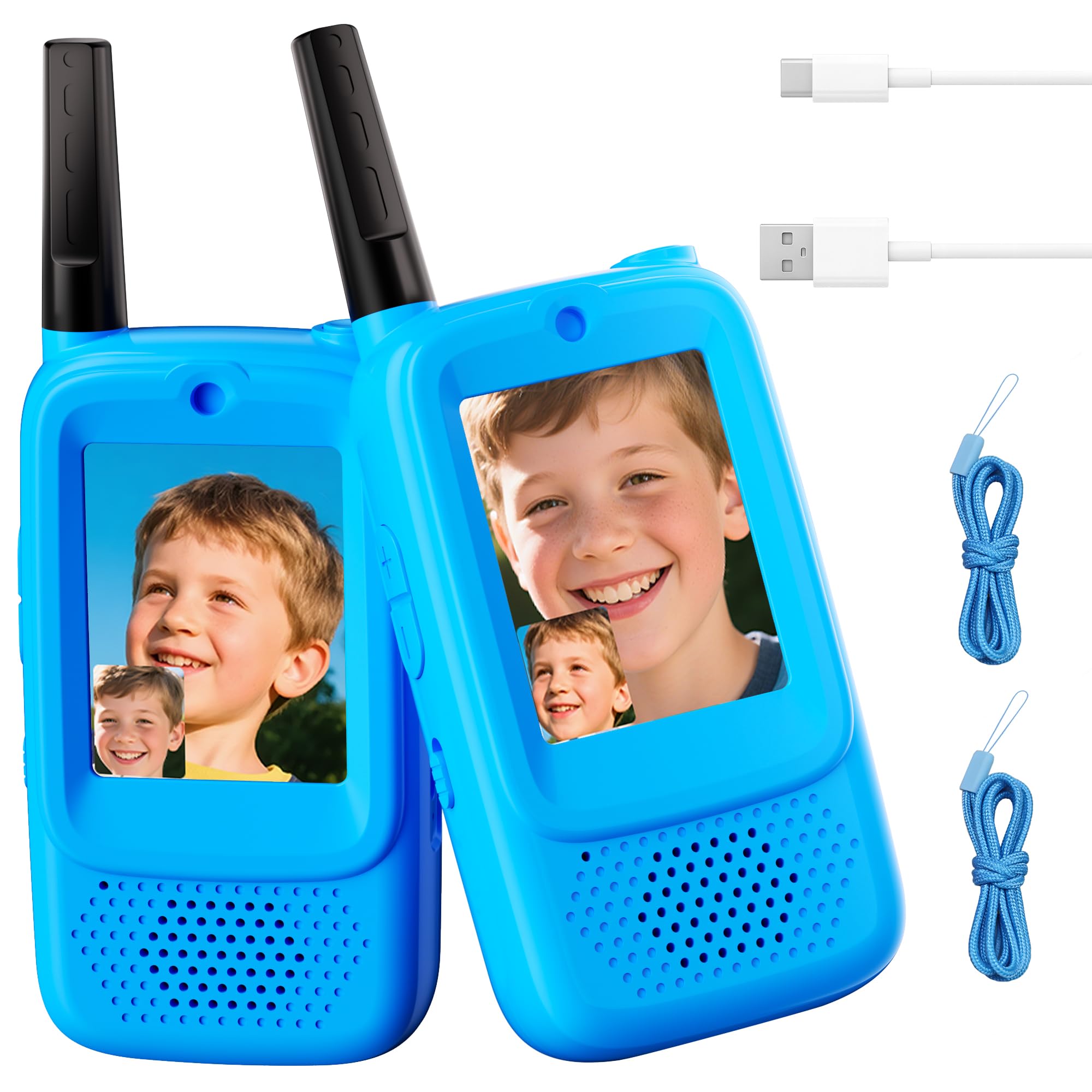 Video Walkie Talkies for Kids, 2-Pack Rechargeable Walkie Talkies with Camera, Long Range Two-Way Radios for Boys & Girls Ages 3–12, Indoor Outdoor Play, Camping & Birthday Gift (Blue/Blue)