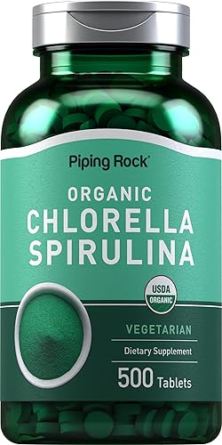 Piping Rock Chlorella Spirulina orgánica 500 tabletas Pastillas vegetarianas Suplemento sin OMG, sin gluten