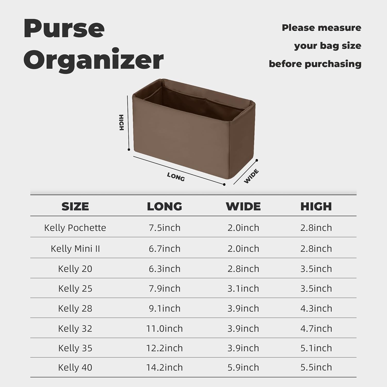 Purse Handbag Silky Organizer Insert Keep Bag Shape Fits Herme Kelly Pochette/Mini/20/25/32/35/40 bags, Luxury Handbag Tote Lightweight Sturdy(Kelly 25,Etoupe grey)