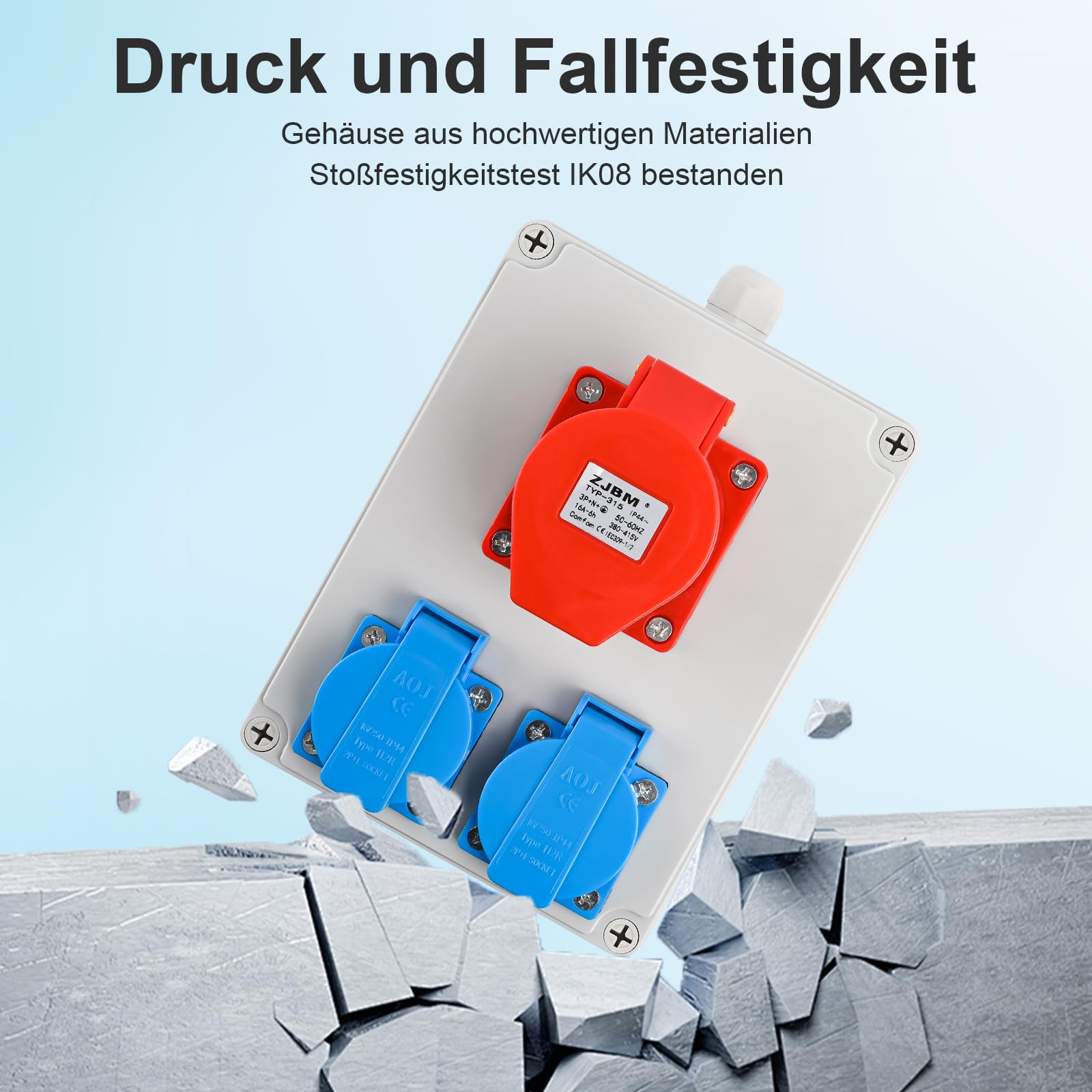 TEOV Kombi Wandsteckdose, CEE-Steckdose 5 polig 16A 400V + 2x Schuko-Steckdose 220V, IP44 Wandsteckdose mit Abdeckung