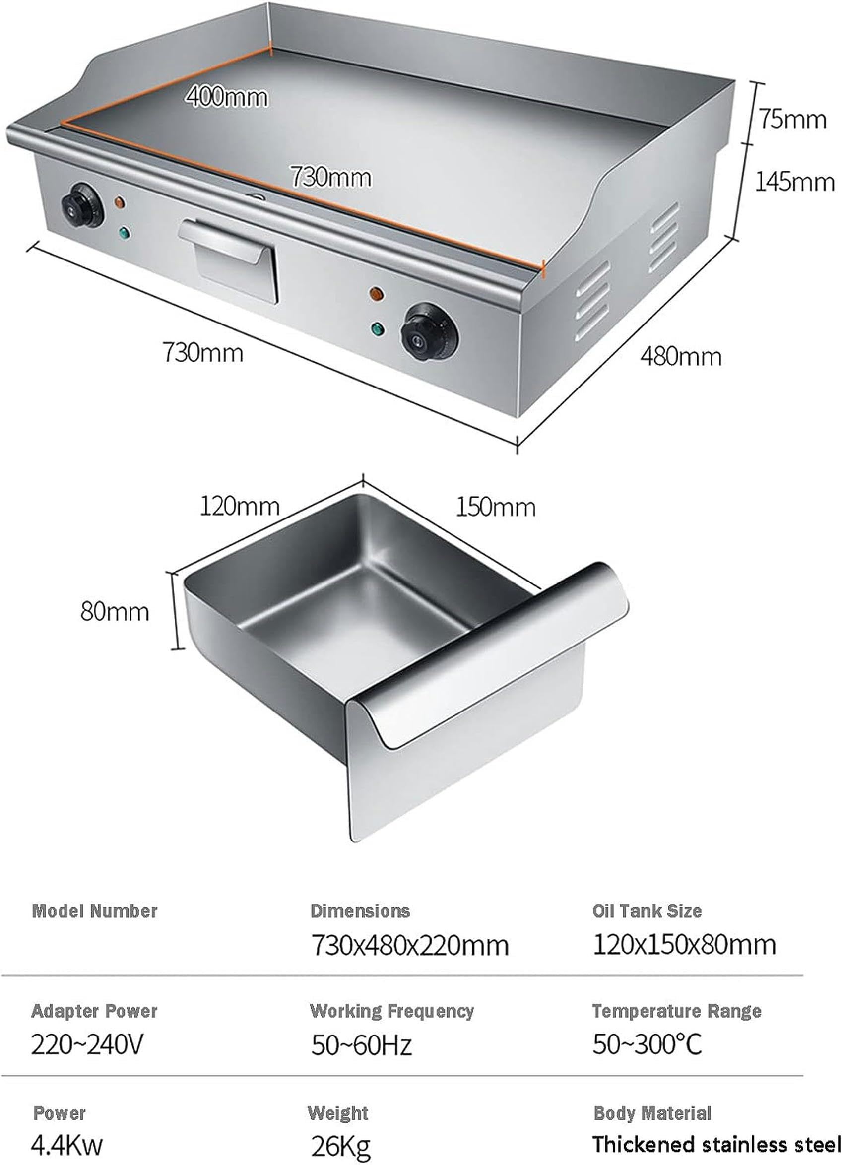 Piastra per barbecue da banco con piastra calda, 4400 W, in acciaio inox, teppanyaki, con doppio controllo della temperatura e foro per perdite di olio, per cucina e ristorante
