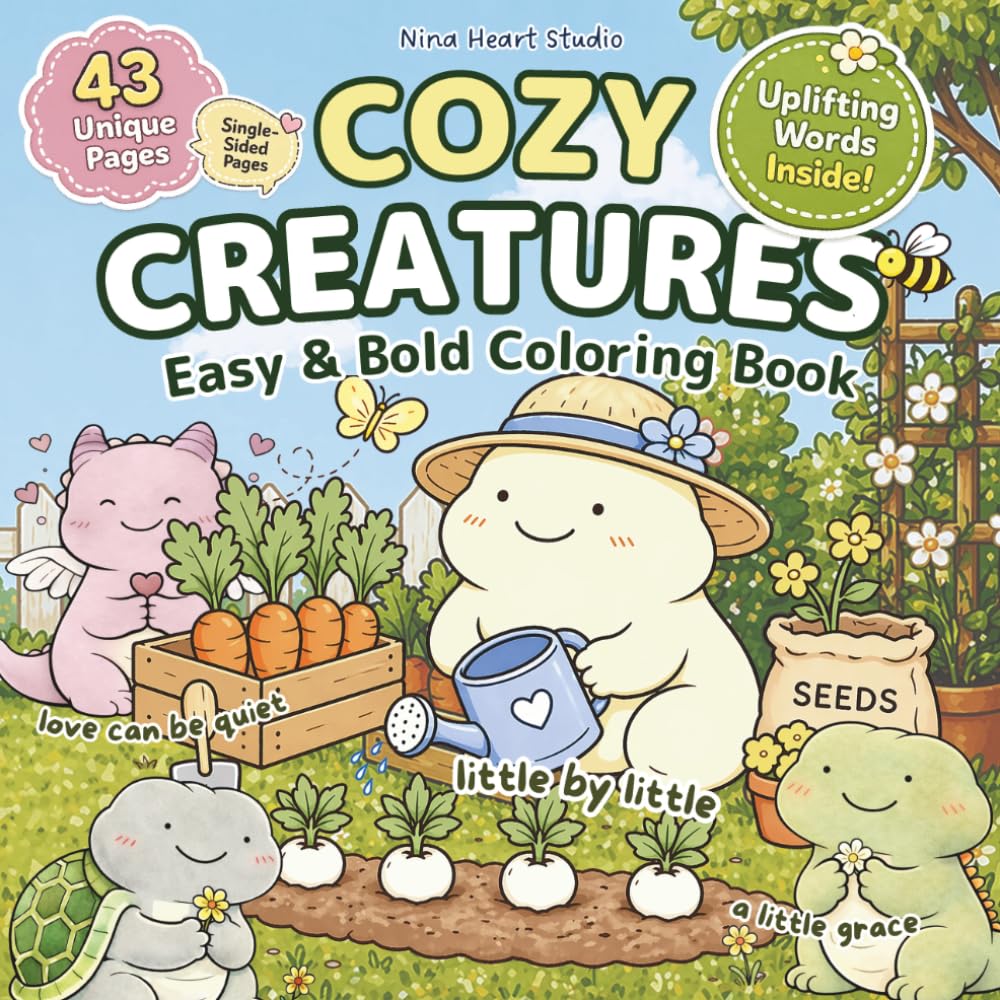 Cozy Creatures: Cute Animal Coloring Book for Adults with Easy Bold Pages, Relaxing Cozy Scenes, Uplifting Quotes, and Stress Relief