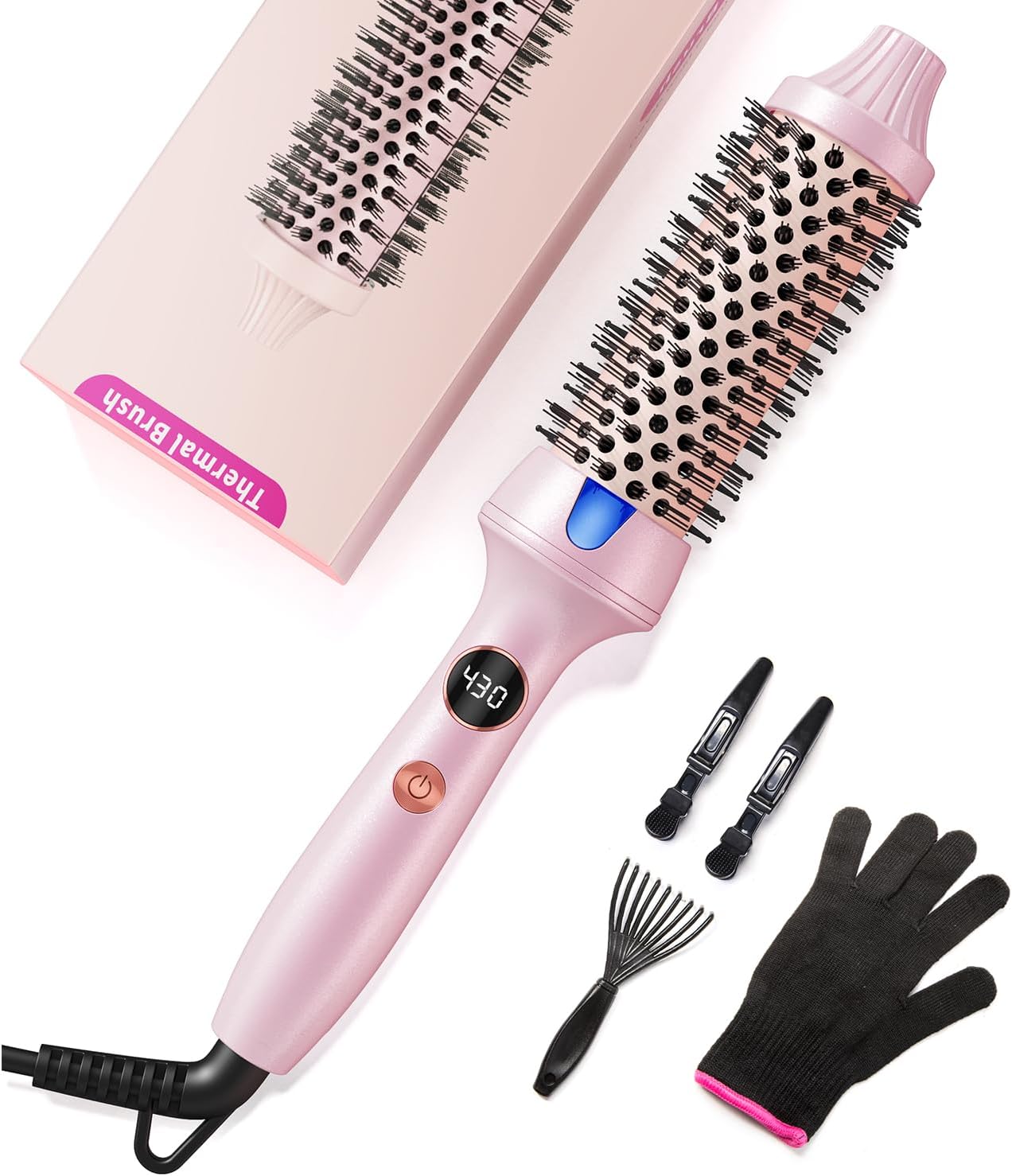 Thermal Brush for Blowout Look, 1 1/2 Inch Heated Round Brush for Natural Curl,Ionic Curling Iron with Temperature Control, Volumizing Smoothing Hot Round Wand, Pink