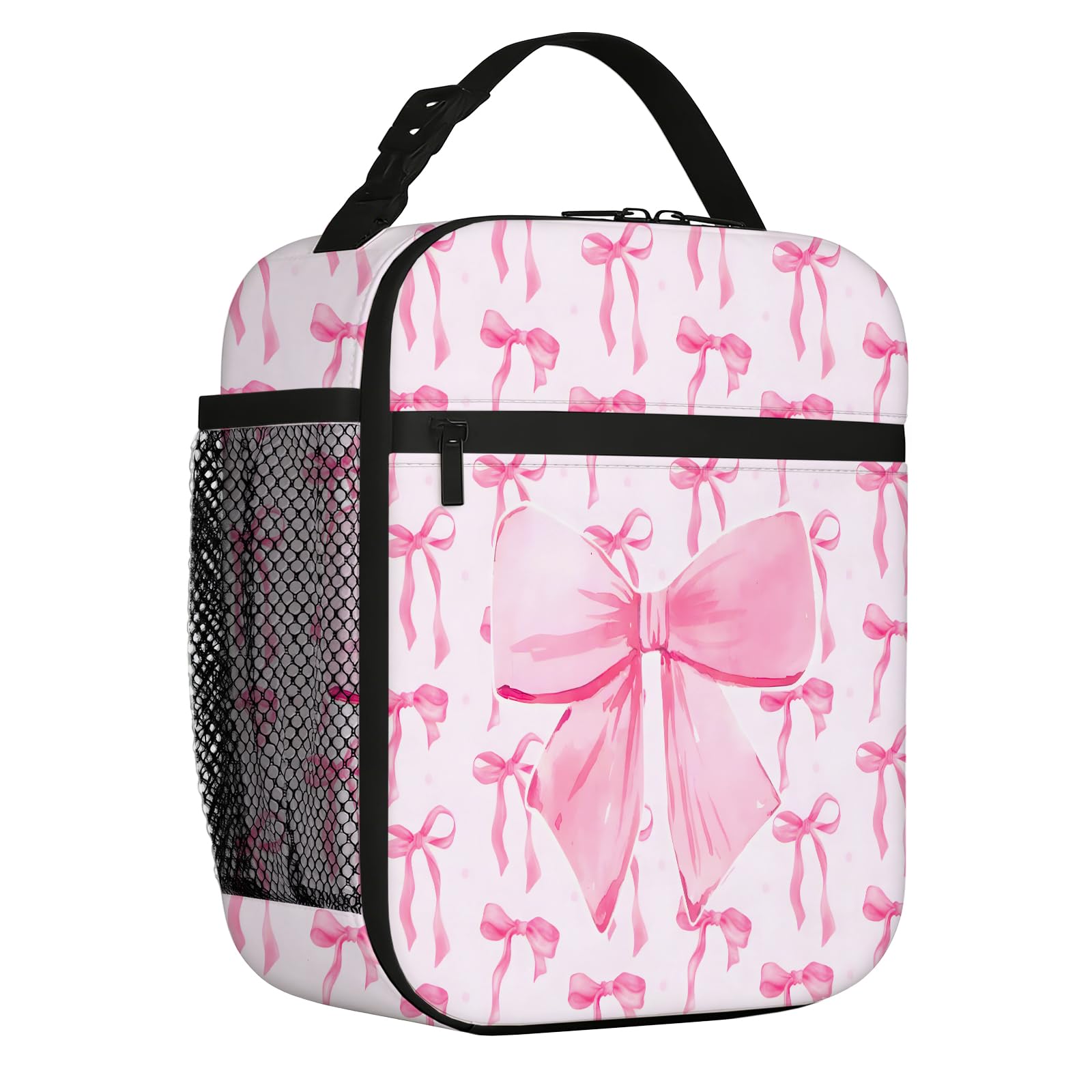 Insulated Girls Lunch Bag, Pink Bow Leakproof Girls Lunch Box with Side Pocket, Lunch Bag Preppy Stuff for School, Work & Travel26x22cm (10.2x8.7in)