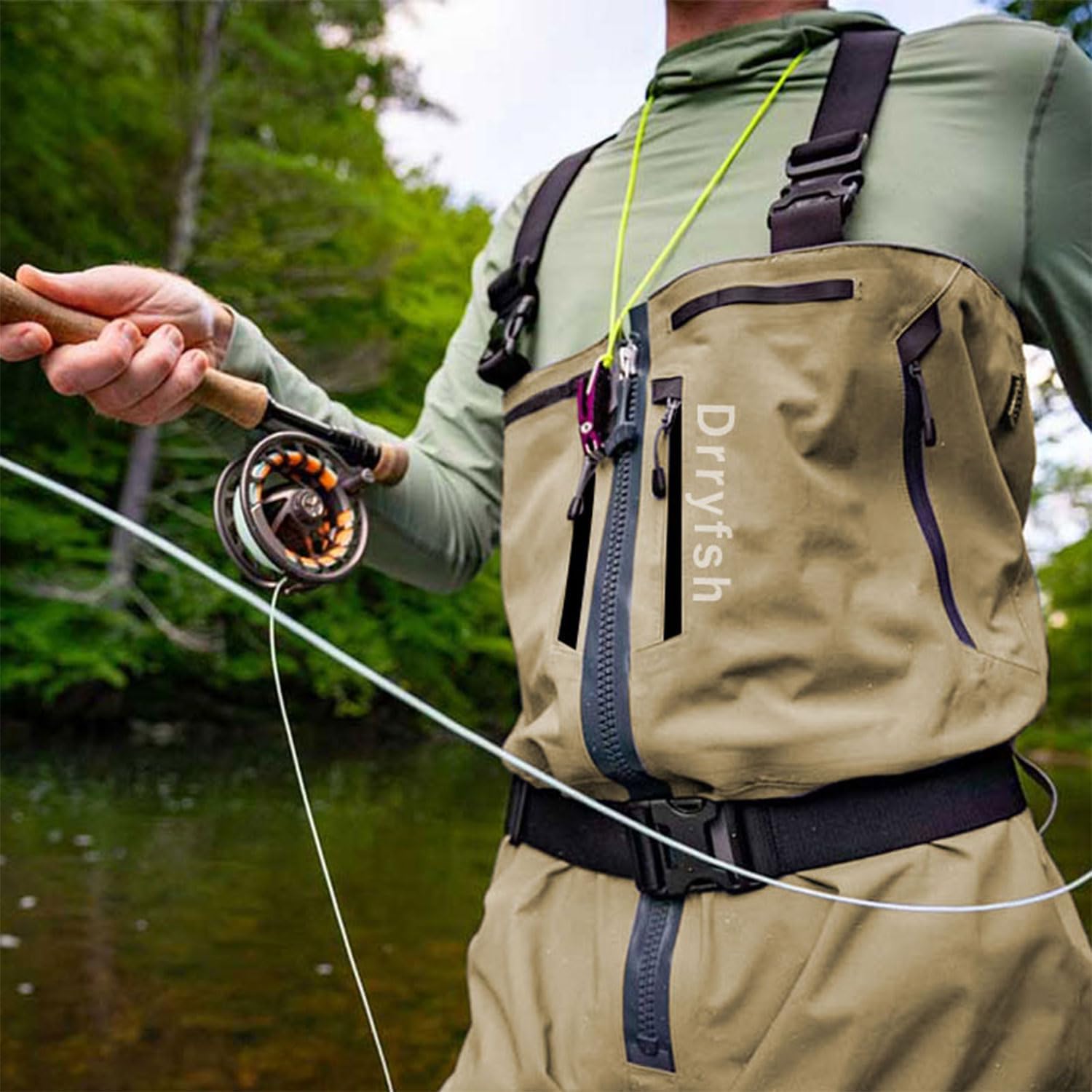 Front Zippered Breathable Chest Waders with Neoprene Suspenders for Men