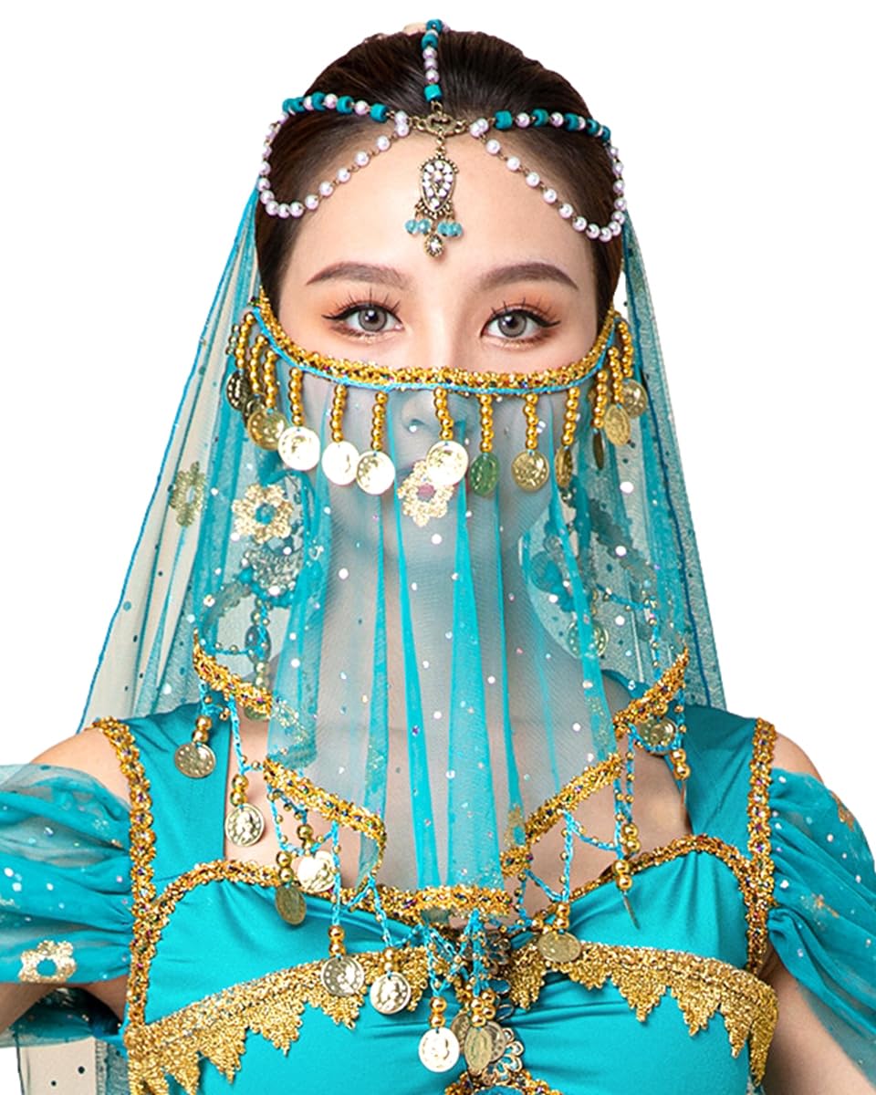 Grouptap Arabic turkish womens adult belly dancer beads coin face veil mask arabian halloween costume (M, Round Blue)