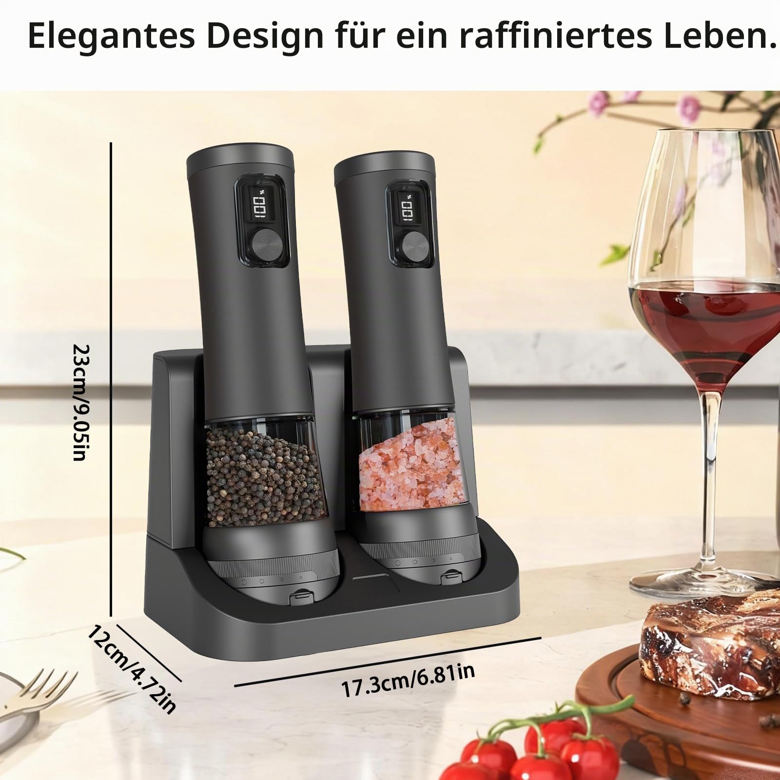 Elektrisches Salz und Pfeffermühlen Set 2-teilig, USB Wiederaufladbar mit Doppelladestation & LED-Anzeige, 95ml Fassungsvermögen, 5-stufig einstellbares Keramikmahlwerk, Küchengeschenk