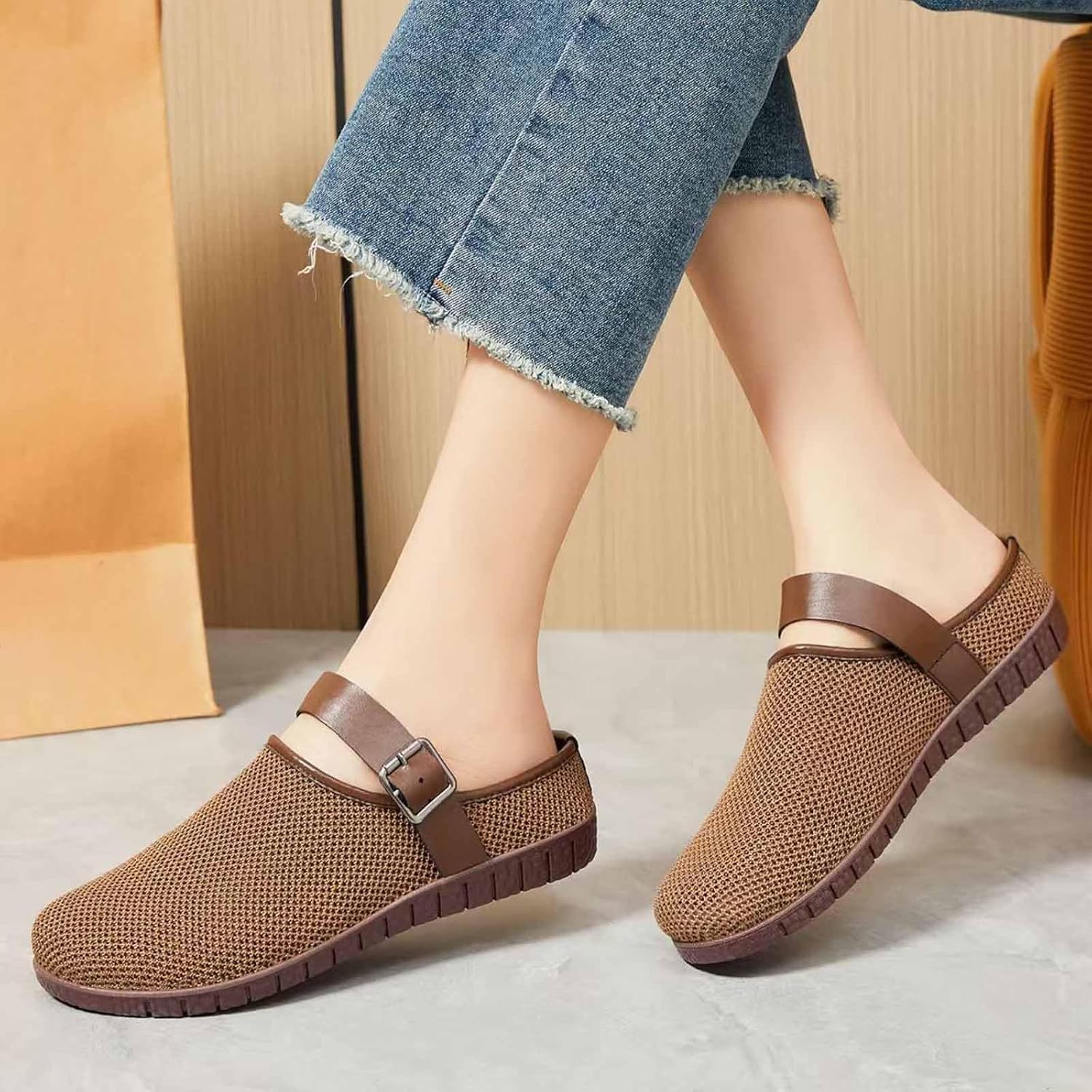Women's Breathable Mesh Clogs Round Toe Mary Jane Flats Fashion Single Buckle Strap Mules Sandals Slip-on Comfort Non-Slip Casual Shoes for Spring Summer - Image 2