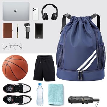 KIKIGOAL Unisex Drawstring Sports Backpack, Large Sports Gym Bag With Shoe Compartment, Waterproof PE School Backpack with Shoe Bag for Football, Basketball, Volleyball