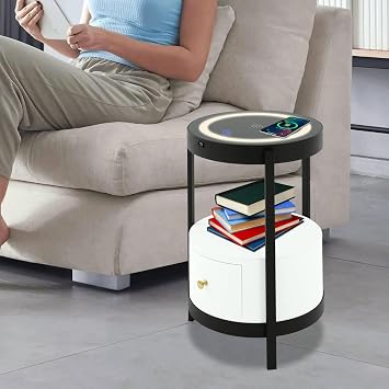 Dimmable Smart Led Nightstand Black with White Drawers,Sofa Round End Table with USB & AC Port Wireless Charging Station,Bedside Table/Side Table for Bedroom/Living Room/Coffee Table