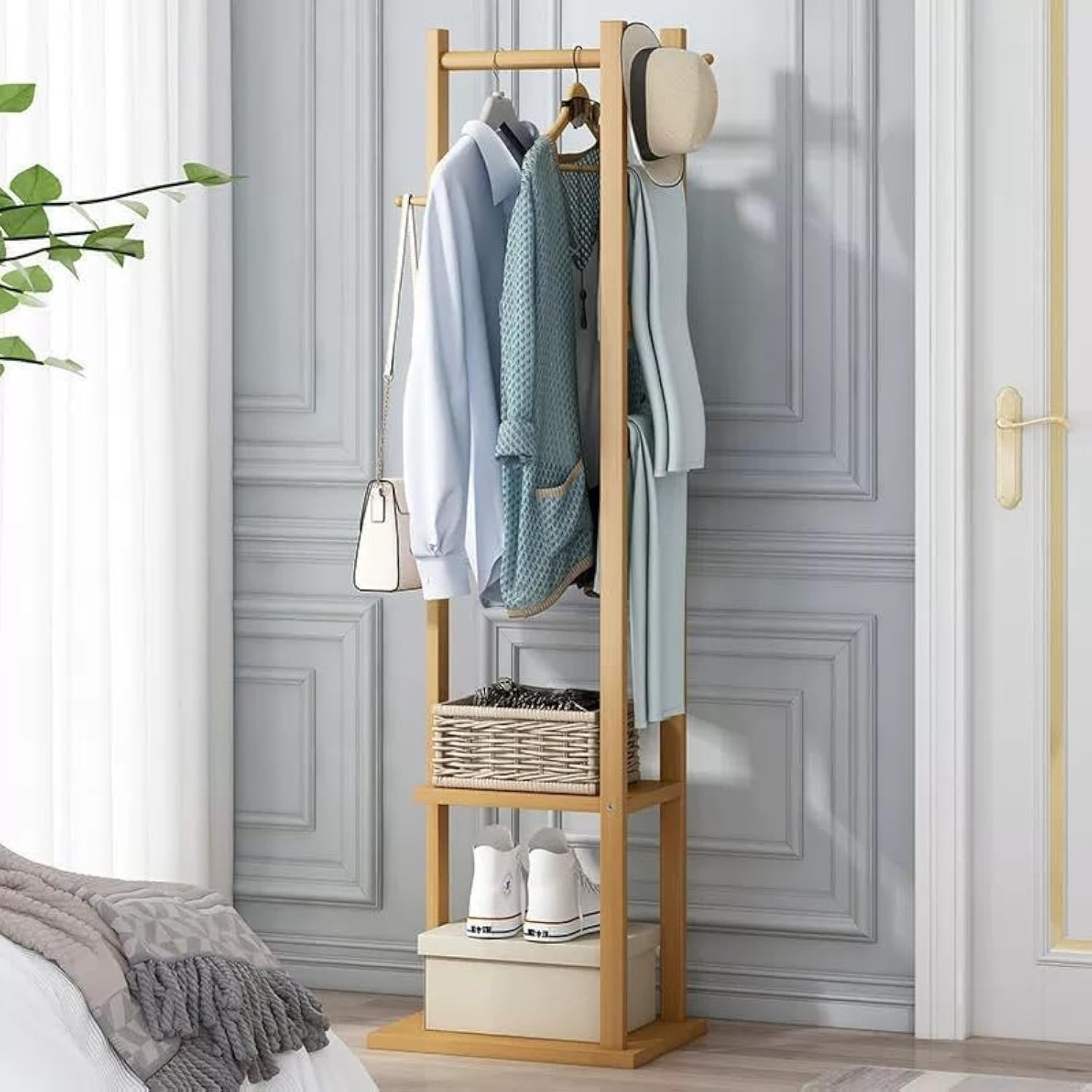 LukzerMultifunctional Free Standing Bamboo Wooden Rectangular Stand | Clothes Rack with Hanging Rail & 2 Shelves | Aesthetic Household Floor Rack | 3 Hanger Hooks and Pants Hanger, Cm