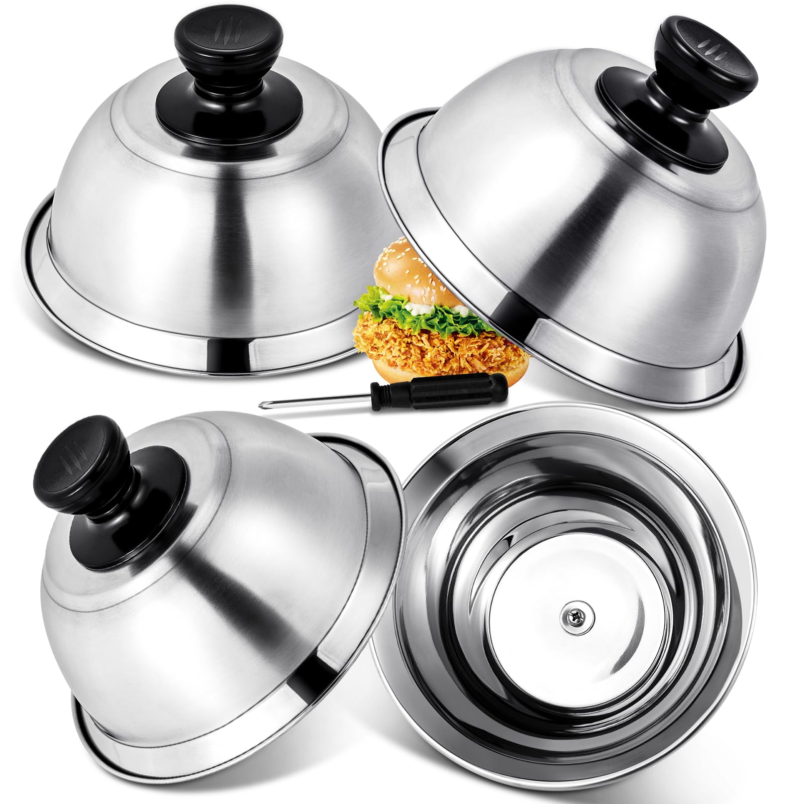 4 Pezzi 16 x 6,6 cm, Campana per Hamburger, in Acciaio Inox, per Barbecue, Cucina, Bistecca, Barbecue e teppanyaki, Lavabile in lavastoviglie