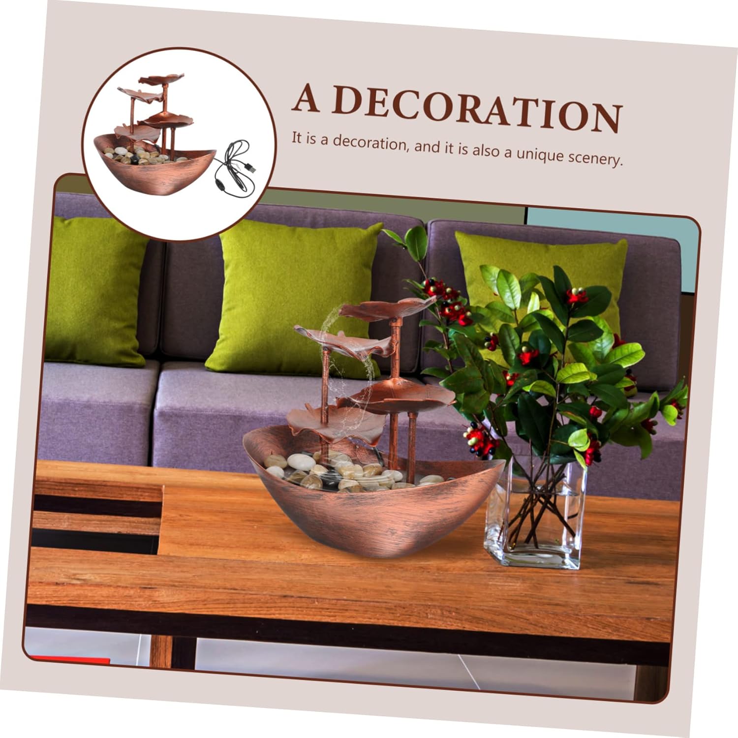 Creative Desktop Lotus Leaf Waterfall Fountain Indoor Tabletop Landscape Ornament with LED Night Light Plastic Home Decoration for Living and Office Atmosphere