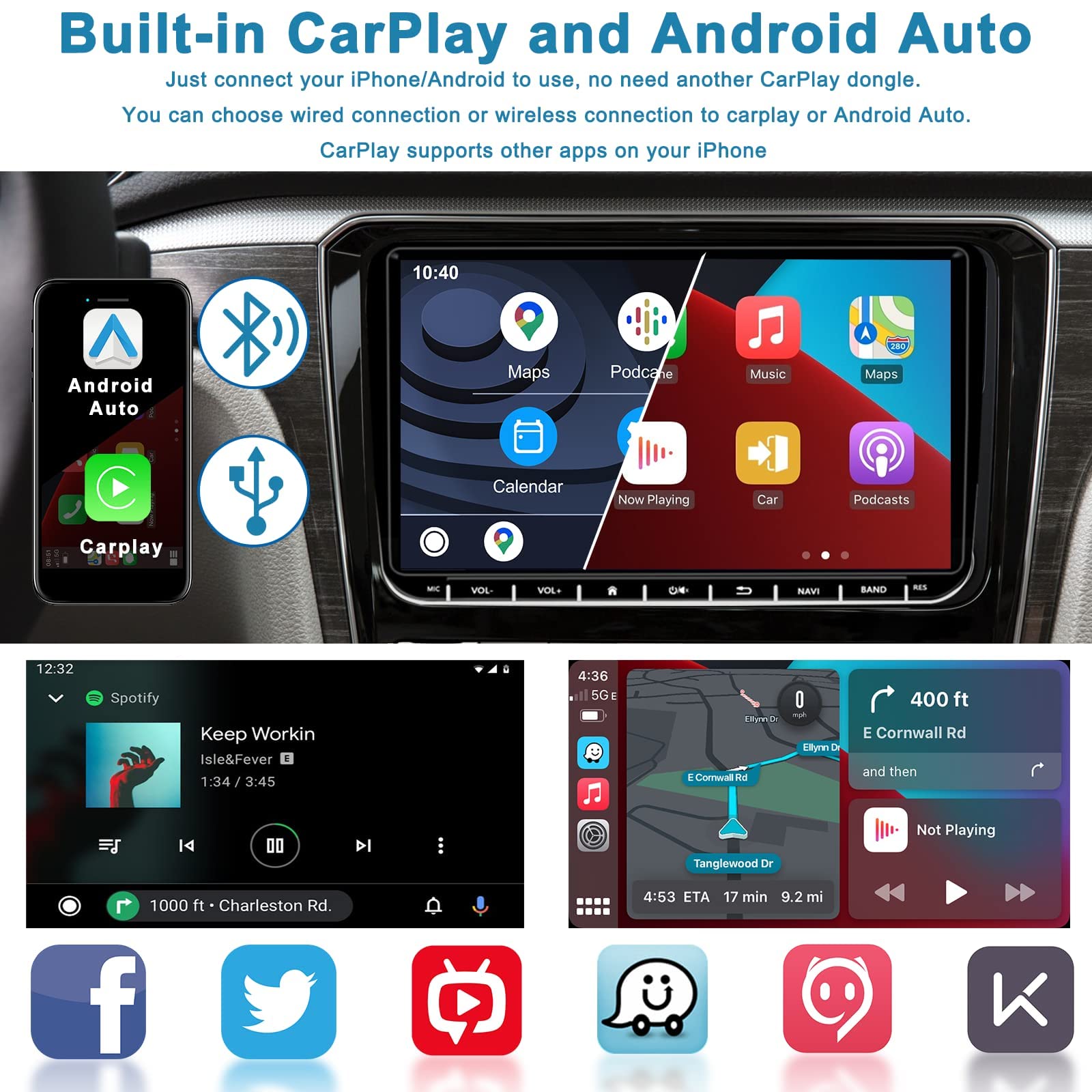 Hikity 9" HD Autoradio Android per VW Golf 5 T5 Polo con CarPlay Android Auto Wireless, Stereo 2 Din GPS con Schermo Navigatore WiFi RDS FM SWC USB BT Hi-Fi Canbus AHD Retrocamera [2G+64G]
